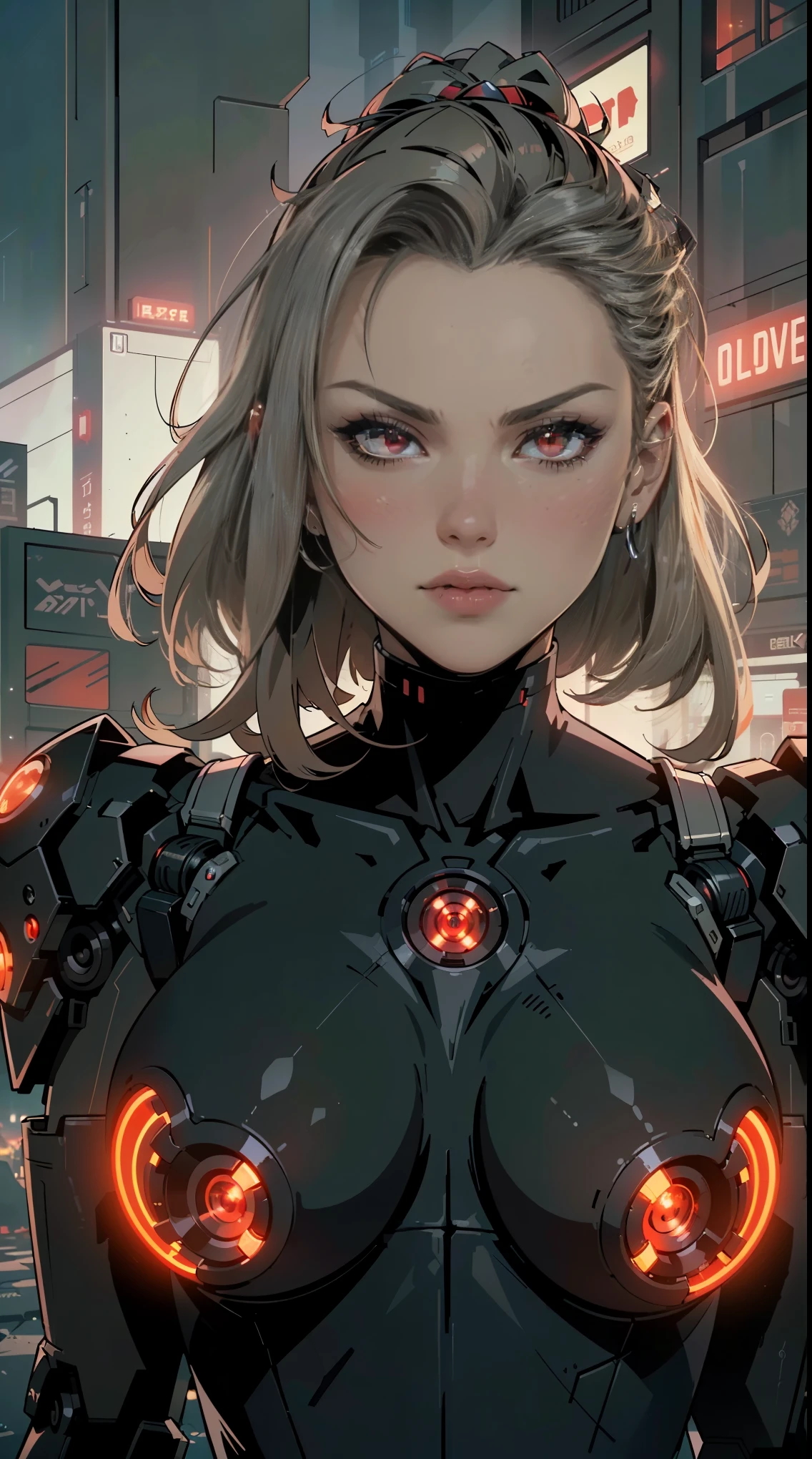 (best quality,ultra-detailed,realistic:1.37),woman cyborg,red eyes,evil,anime,huge ,sleek metallic body,expressionless face,glowing circuits,enormous energy blade,mechanical limbs,dystopian city backdrop,neon lights reflection,dark and ominous atmosphere