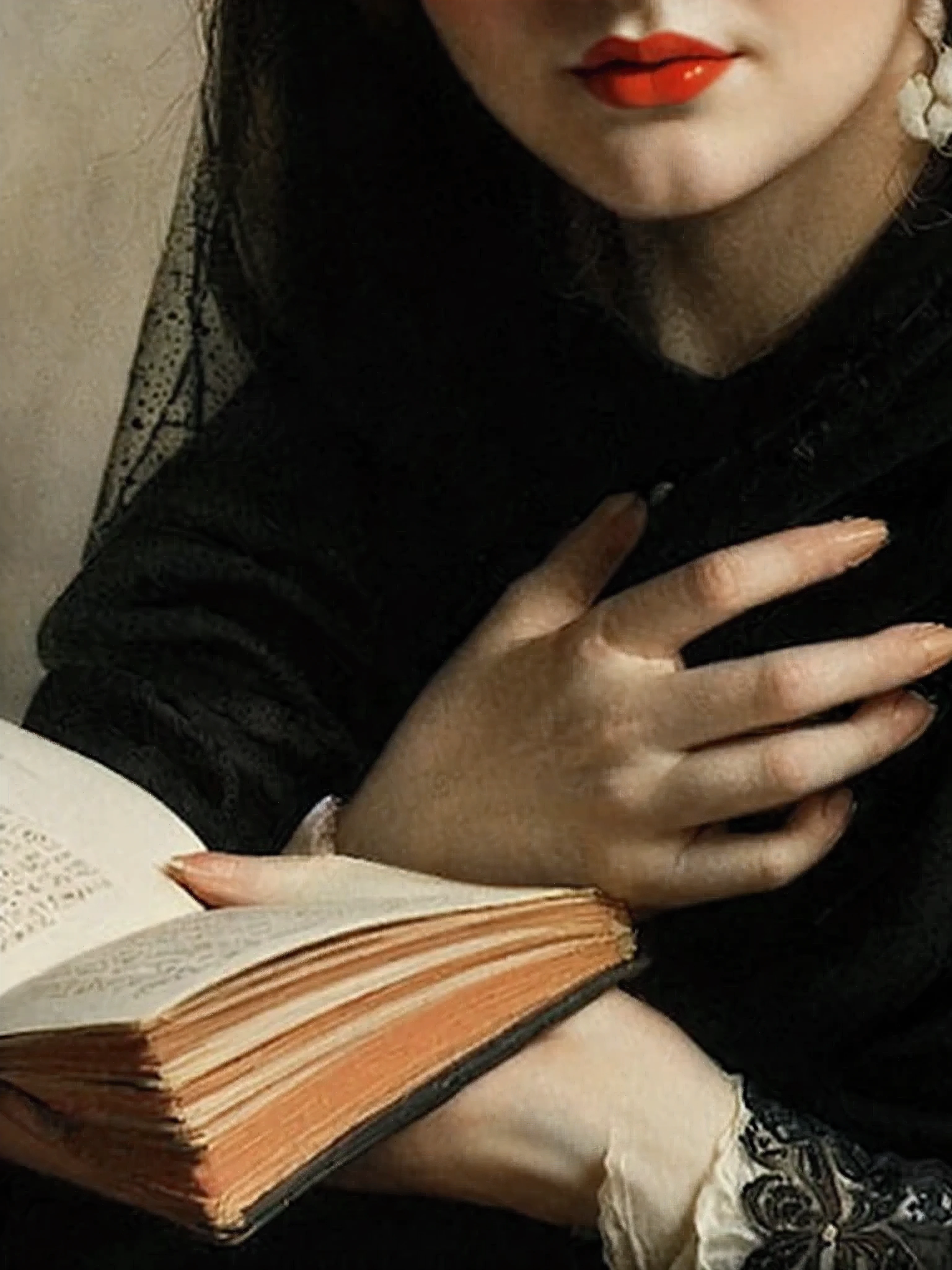 Closeup of the hand holding an open book, painted in the style of Jan van Eyck and in the style of Chagall, the woman is wearing black with white sleeves and neck ruff in a Renaissance painting style, soft light, oil on canvas, portrait of a female poetess "solitary soul", in her early thirties, wearing simple traditional attire, hand holding books, with dark eyes, red lips, white skin, dark hair, soft lighting, delicate brushstrokes, and vibrant colors.