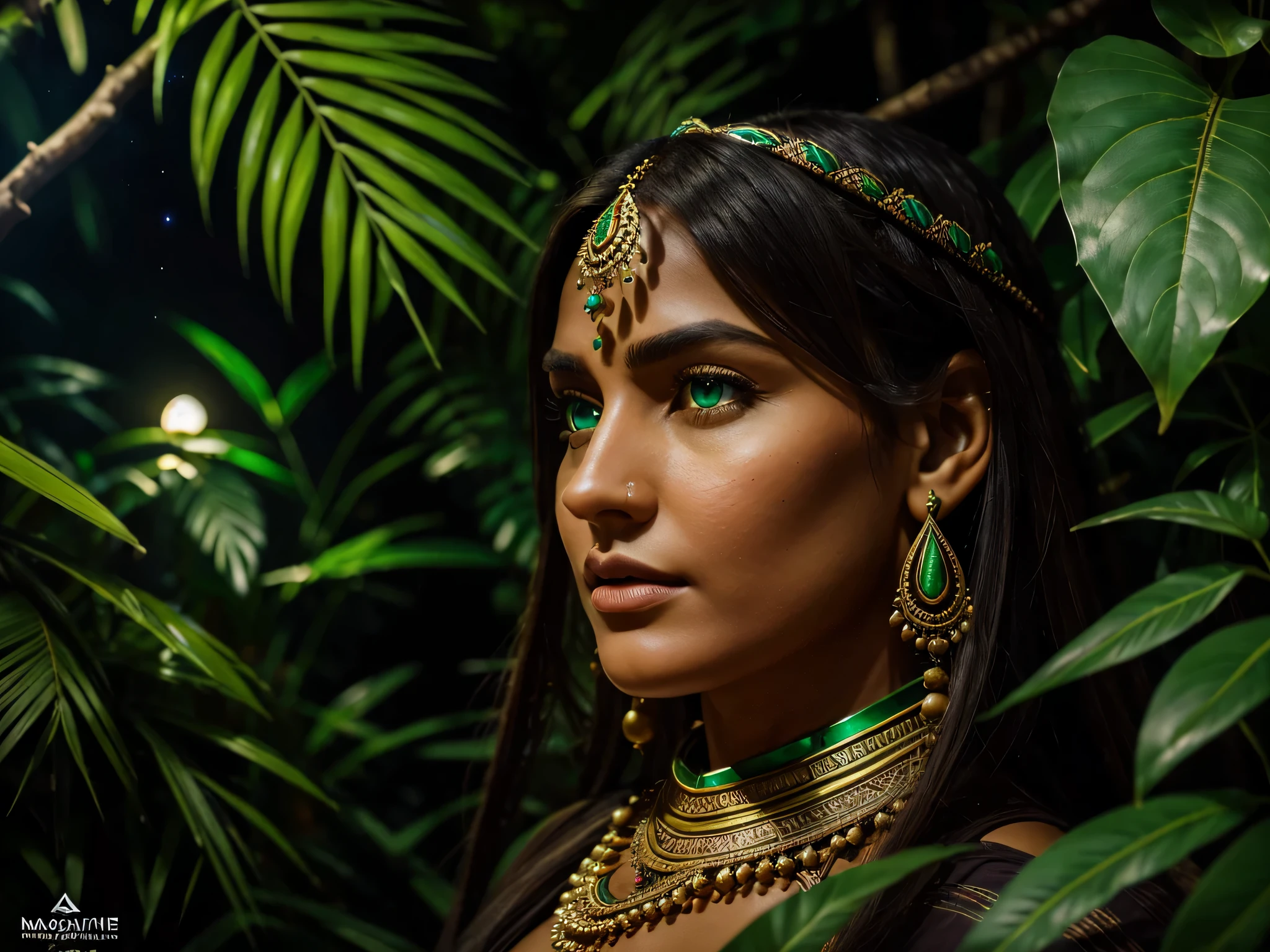 ((Realistic:1.5)), ((Best quality)), ((Masterpiece)), ((detailed)), (photorealism), (Exact proportions), (Ultra wide angle lens), (detailed face, beautiful green eyes, detailed pupils, clear background: 1,3), (close-up), (Indian appearance), a huntress in a primitive skirt with a spear sneaks in dense thickets, big curvy milky tits hidden by jewelry, wide steep hips, primitive massive jewelry, night, night sky, night forest, dense thickets hide the body, Night Jungle, best shadow, bright details, perfect composition, sharp focus, rim of light
