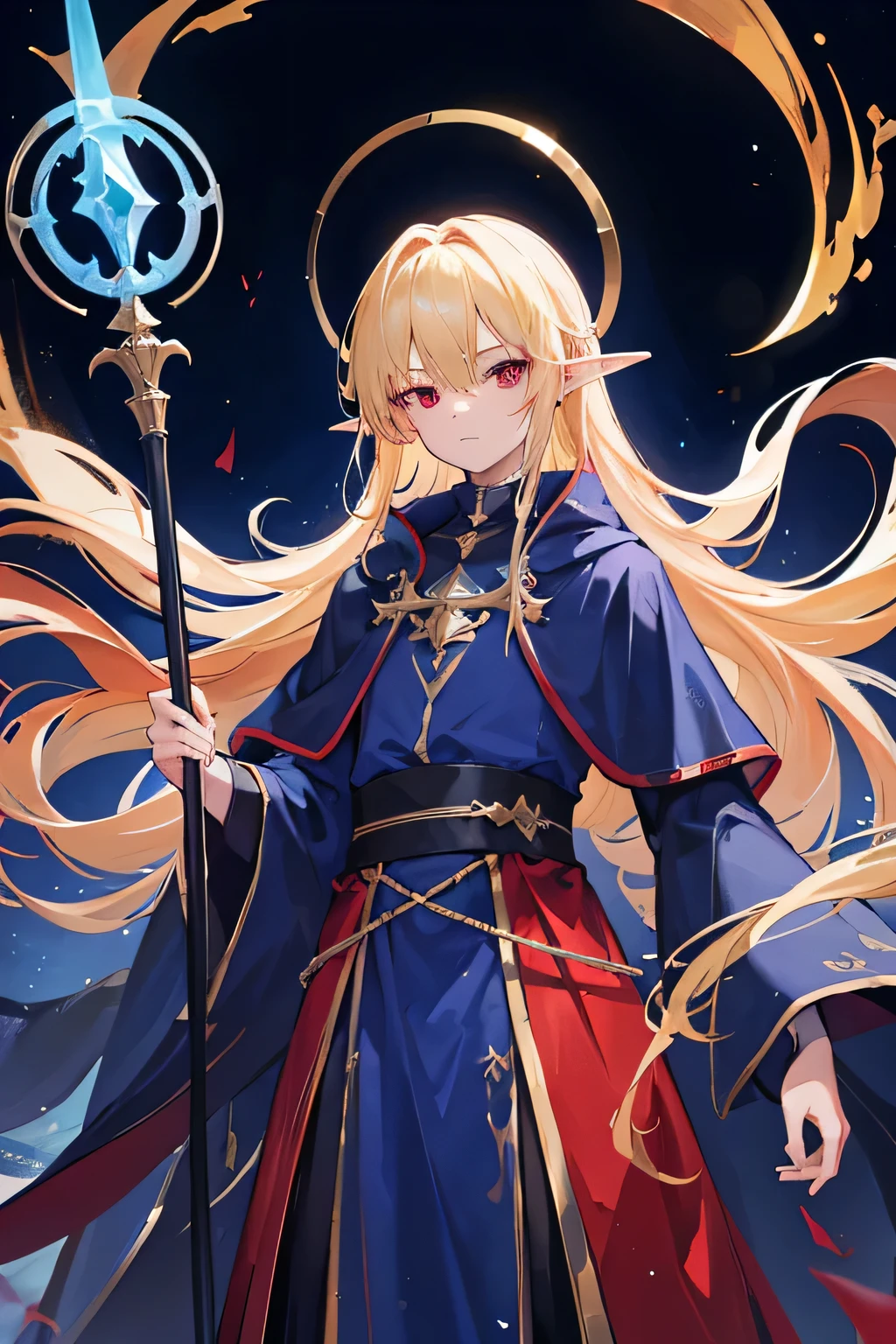 1 boy, long blonde hair, red eyes, holding staff, wearing blue robes, mage, robes covering head, dark background, light rings around head, elf, absurdres, high res, ultra sharp, 8K, masterpiece, looking sideways