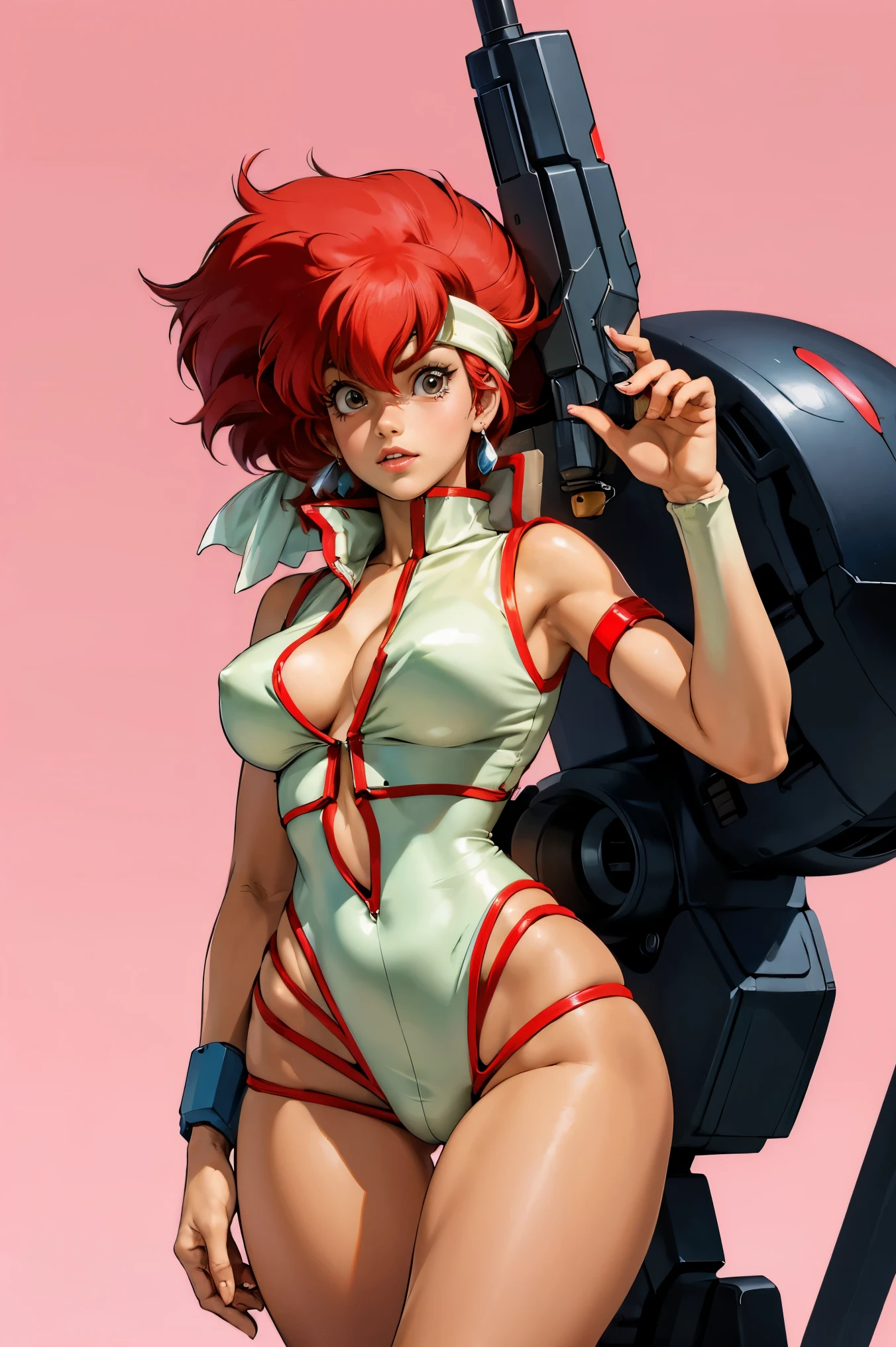 Kei from The Dirty Pair, , wearing a tight outfit, skimpy, legs, medium breast, red hair beauty, cyberpunk city background, holding retro space-gun, headband, slim waist, slim thighs, thigh gap