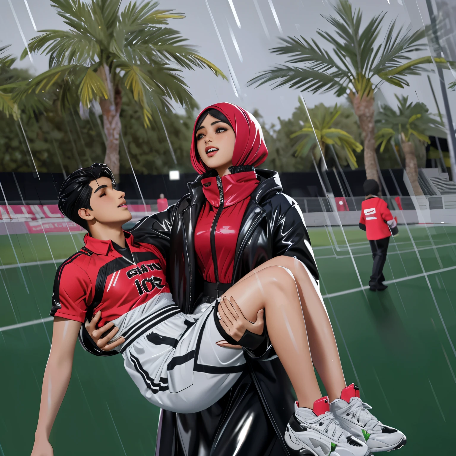 a screaming hijabi girl in a laquered and very shiny quilted coat carries a man in matte sportswear, a veiled woman carries a man in dull sportswear, a woman carries in her arms a male soccer player in cotton sportswear, rainy weather, rainfall, humid, girl carries guy, lift and carry, an excessively madeup latino-girl in a high-shine wet black latex downcoat, a soccer scene, a soccer injury, first aid carry at a soccer match, a young madeup latino-girl in a shiny black vinyl downjacket, a madeup latino-girl in a shiny plastic-downcoat, a very sad and desperately crying latino-girl, an intensely madeup latino-girl in a glossy black vinyl-downcoat, latino-girl with lipstick, latino-girl with smoky eyes, dramatic action pose, woman that is carrying a skinny shorthaired man, there is a beautiful woman in a shiny coat who is carrying a shorthaired blond man in her arms, a longhaired beautiful woman in a high-shine black puffy coat, a longhaired woman in a shiny downcoat, a woman is carrying a shorthaired man who is wearing black shorts, a weak shorthaired man in black shorts is consciousless and needs to be carried, a shorthaired man with closed eyes is carried in the arms of a longhaired latino-woman, a latino-woman looks very scared and terrified, a consciousless shorthaired man with closed eyes is suffering very much and has a very painful face, photo, photo shoot, photographed, arafed man being carried by a woman, very realistic, very very realistic, hyper-realistic, hyper - realistic, hyper realistic, jacket over bare torso, very disturbing, very hyperrealistic, super realistic, hyperrealistic!, extremely realistic, very very very realistic, super-realistic realistic, super-realistictic!, extremely realistic, very very very realistic, super-realistic realistic, super-realistic, veiled arab woman's face, a completely matte and very dull cotton fabric soccer jersey on a male shaped torso
