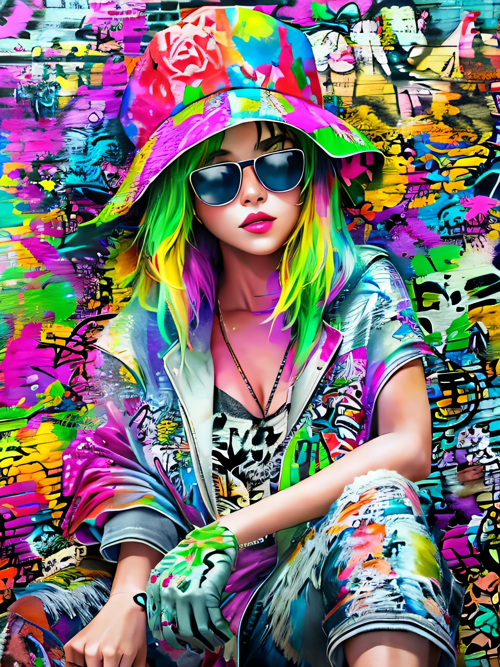 8K quality, watercolor painting, stylish design, (((The strongest beautiful girl of all time)))、Stylish sunglasses, Fashionable hats, (((highest quality))), bob hair, HDR, ((Detailed details)), skull fashion, detailed clothing texture, (((graffiti art))), colorful hair, ((masterpiece))、((Super detailed))、colorful flowers