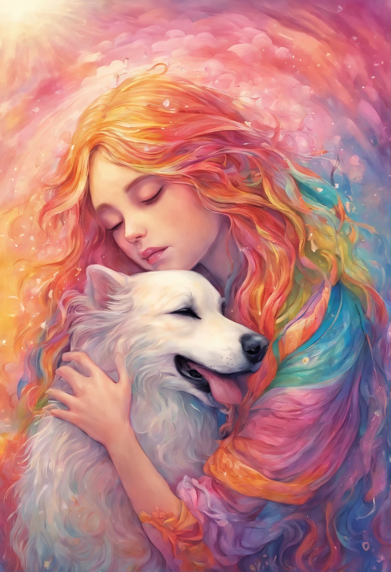hugging, heart crying, girls, rain, rainbow, sun, girl hugging a dog