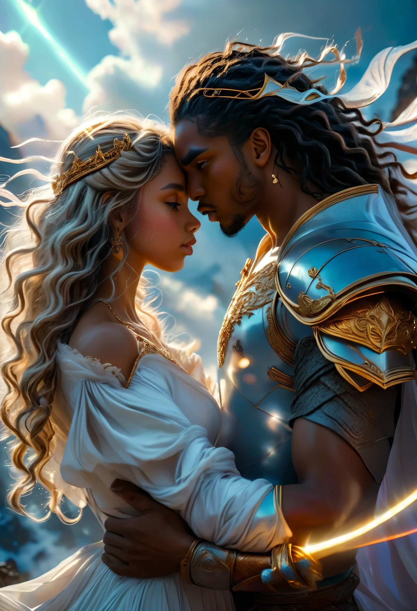 Passionate couple in a celestial landscape, young dark-skinned couple in their 20s, on a battlefield, they fight together, a man and a woman, he is a warrior prince with long curly brown hair, he has two swords, she is a mixed-race blonde warrior princess with grey eyes, she has a spear, Full body, 8K, extremely detailed, high quality, (photorealistic:1.37), Full body, ideal proportions and defined complexion, meticulously crafted features, unreachable beauty, perfection, breathtaking elegance, g curves, goddess-like figures, divine symmetry, artistic masterpieces, vivid realism, hyper-detailed sculptures, life-like forms, truly awe-inspiring, impeccable craftsmanship, pure radiance, ethereal beauty, delicate contours, striking poses, sublime beauty, subtle nuances, dynamic compositions, vibrant colors, perfect lighting, soulful expressions, celestial aura, majestic presence, dreamlike atmosphere, unmatched gdetailed octane render trending on artstation, 8 k artistic photography, photorealistic concept art, soft natural volumetric cinematic perfect light, chiaroscuro, award - winning photograph, masterpiece, perfect composition, beautiful detailed intricate insanely
