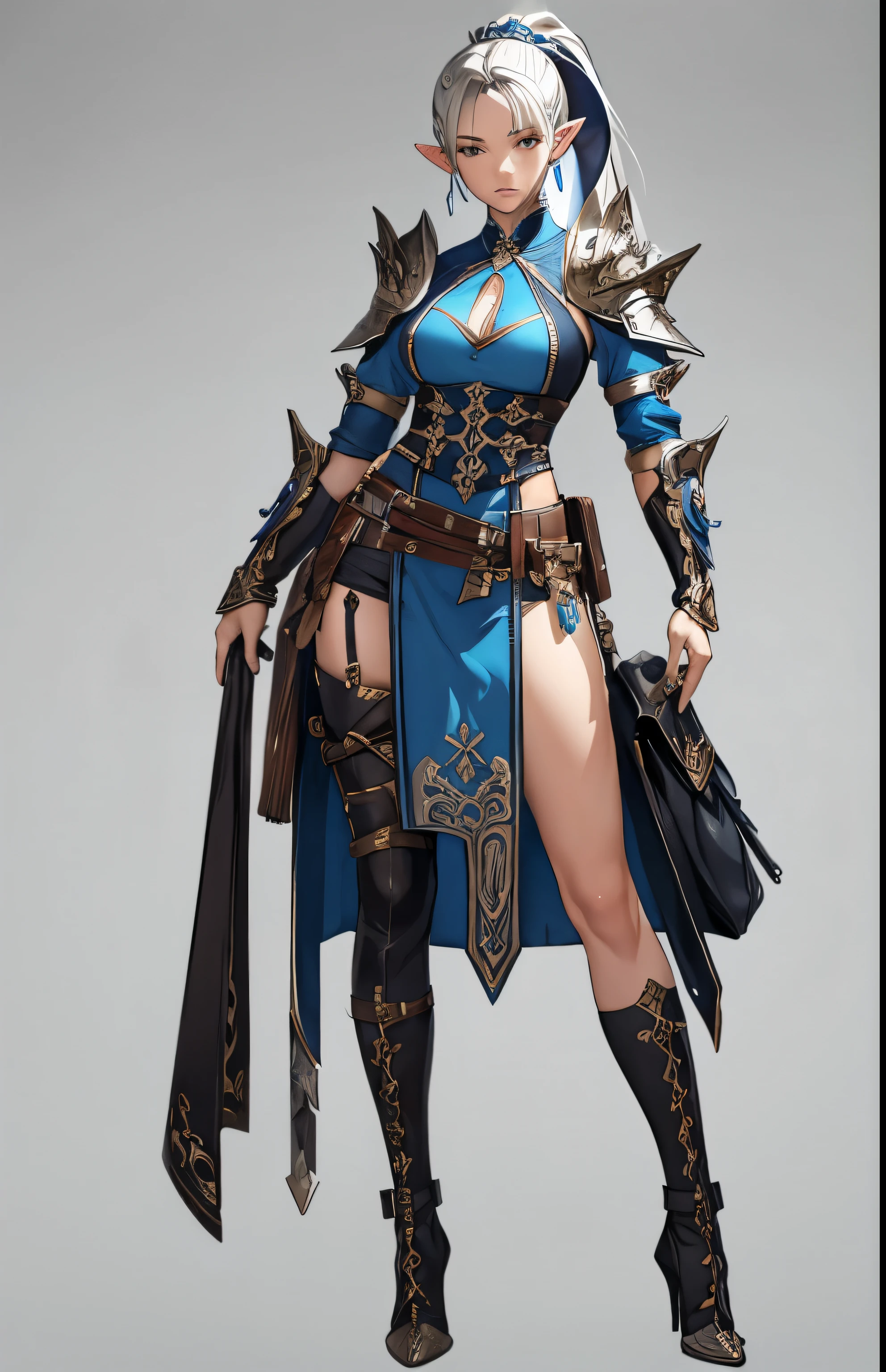 ((masterpiece, best quality)),concept art, Miss,, Detailed face，pointed ears, full body details, full of details, Very detailed, depth, many parts, White single ponytail，Rangers。beautiful Miss, muscular body, leather armor，Sackcloth clothes, leather bags，belt。（blade and soul style）High heel,jewelry, braid, earrings,White background，standing posture。