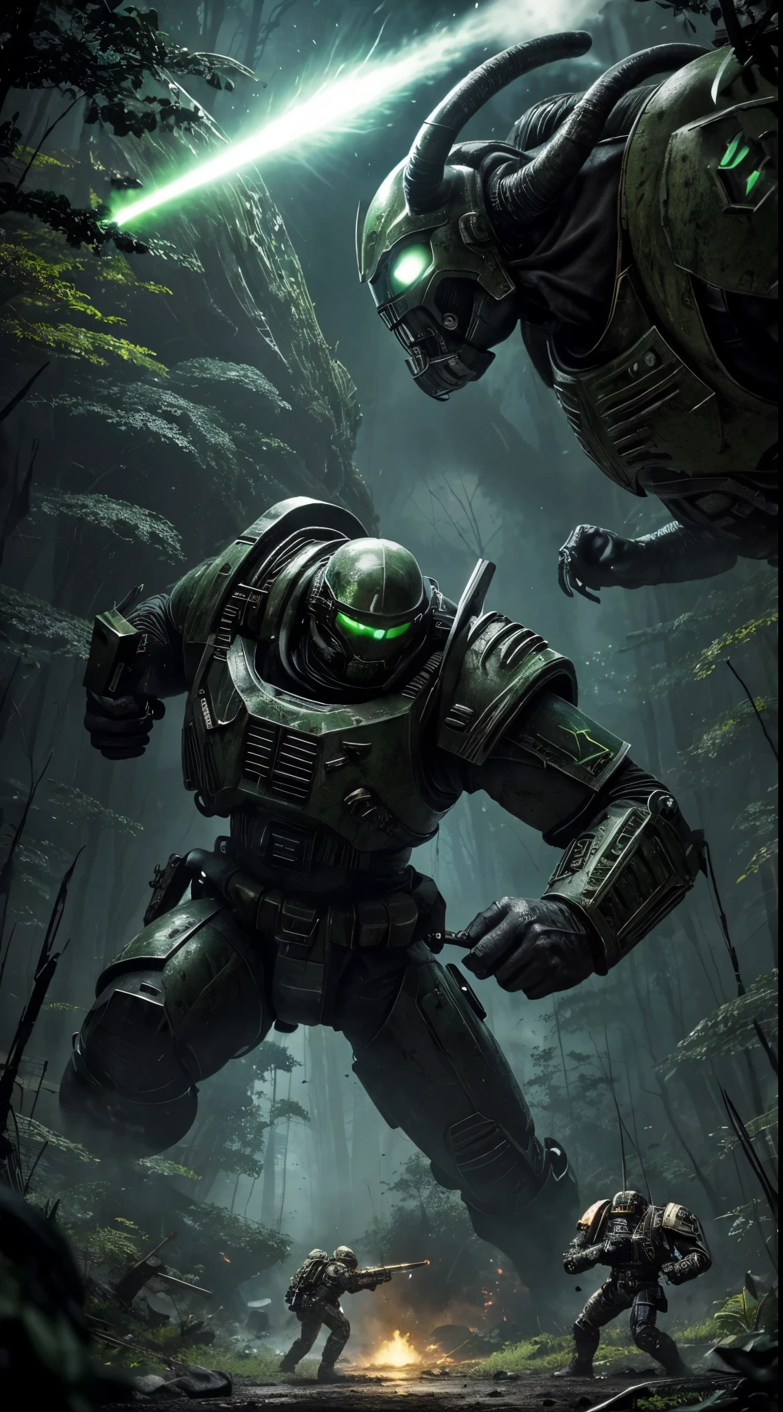 very dark focused war photo, amazing quality, masterpiece, best quality, hyper detailed, ultra detailed, UHD, perfect anatomy, portrait, dof, hyper-realism, majestic, awesome, inspiring,
Capture the thrilling showdown between the humongous alien colonist and his laser weapons
and the earth space marine
in an epic battle amidst swirling gravel and explosions. Embrace the action and chaos as these formidable forces clash in the heart of the green jungle of this otherwolrdly planet.
cinematic composition, soft shadows, national geographic style, ethereal, dreamy, mysterious, fantasy, highly detailed
swirling ink alien, monster, creature, science fiction dark, chiaroscuro, low-key