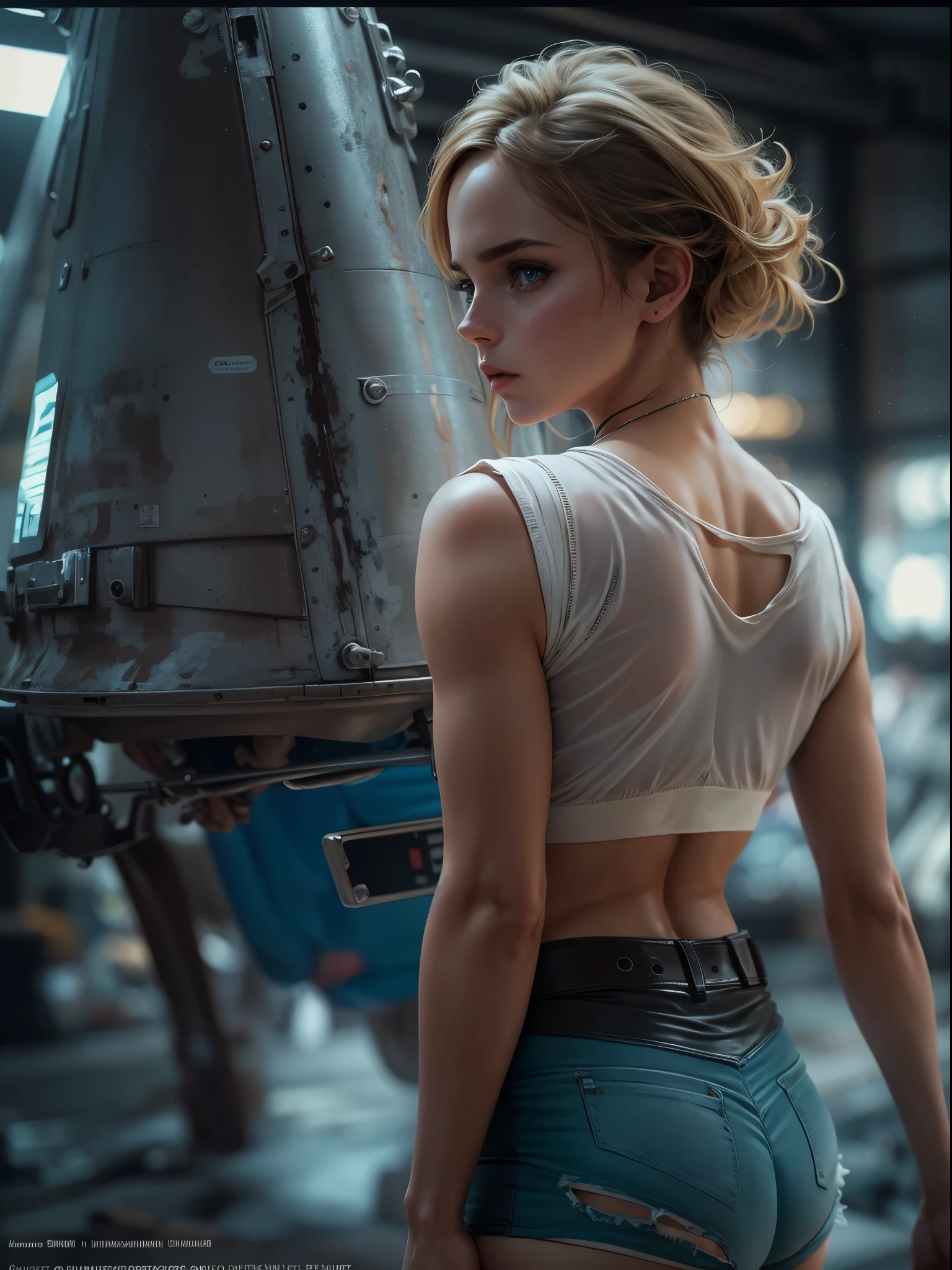 Emma Watson does it ,blonde. Shining blue eyes that speak of innocence and acceptance. Slender frame and beautiful figure. Tight leather shorts. crop top. Outside the spacecraft. Muscles exposed through torn clothes. SF. from the back. Please think back.RAW photo, Shapuri, by lee jeffries nikon d850 film stock photo graph 4 kodak portra 400 camera f1.6 lens rich colors hyper 現実的な lifelike texture dramatic lighting unrealengine trending on artstation cinestill 800,