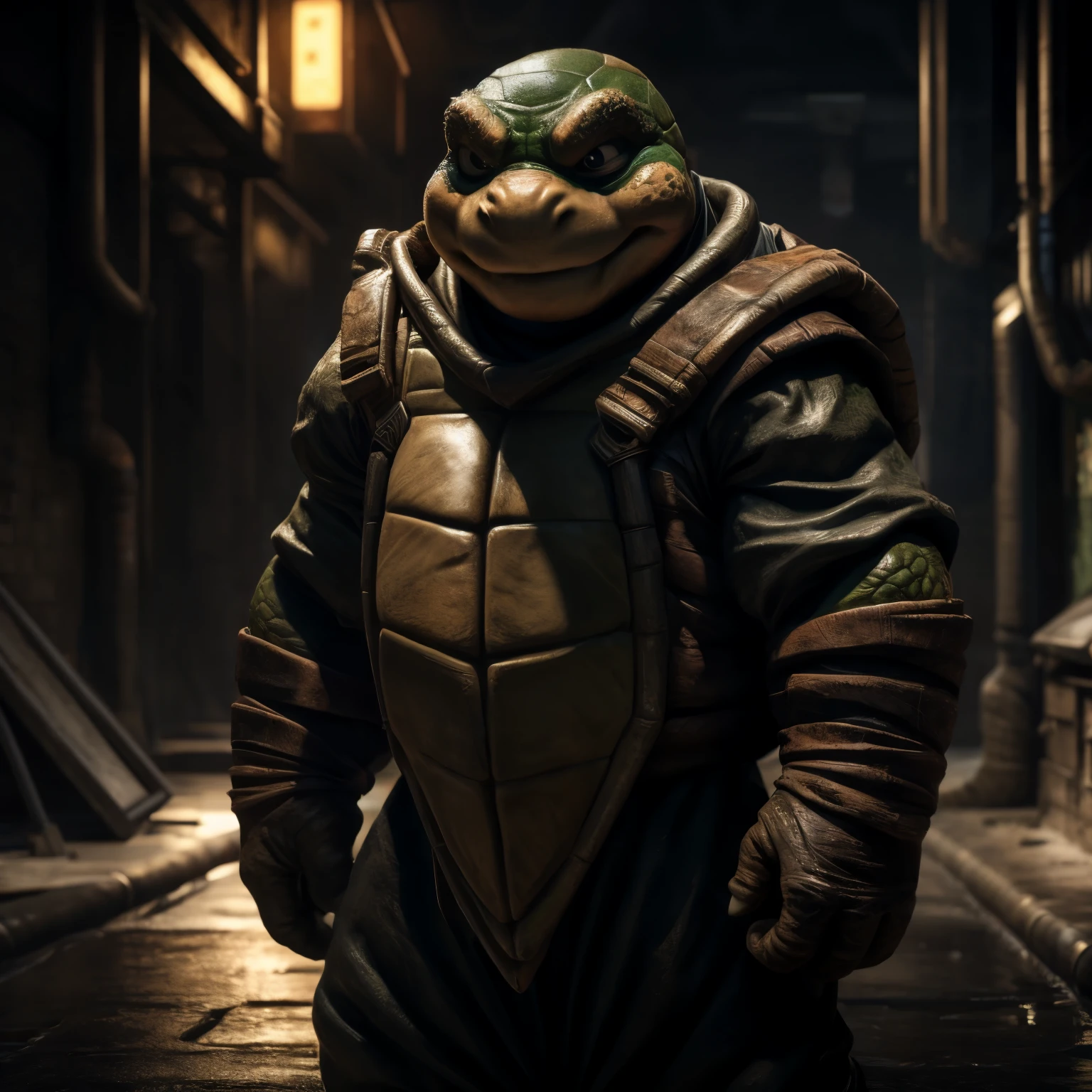 Create a captivating portrait of a cute ninja turtle against the intriguing backdrop of a sewer. 4K resolution, high detail, adorable face with expressive eyes, realistic textures for the turtle's scaled skin and the grungy sewer environment. The turtle dons a traditional ninja outfit, complete with a mask, hidden within the shadows. The sewer background is filled with pipes, rusty metal, and a damp, cold atmosphere. The depth of field adds focus to our charming hero while the background fades into soft blur. By ArtyNinja, masterpiece, realistic shading and lighting, trending on ArtStation.