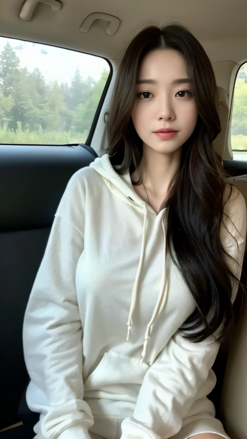 ((top-quality、8k、masterpiece:1.3))、Beautiful woman with perfect body:1.4、slim abdomen:1.2、Longhair, normal breast, Highly detailed facial and skin texture, A detailed eye, delicate eyes, double eyelid, (smile), (full body shot), ((in the car)), ((sitting in the car)), ((wearing white hoodie)), looking in front