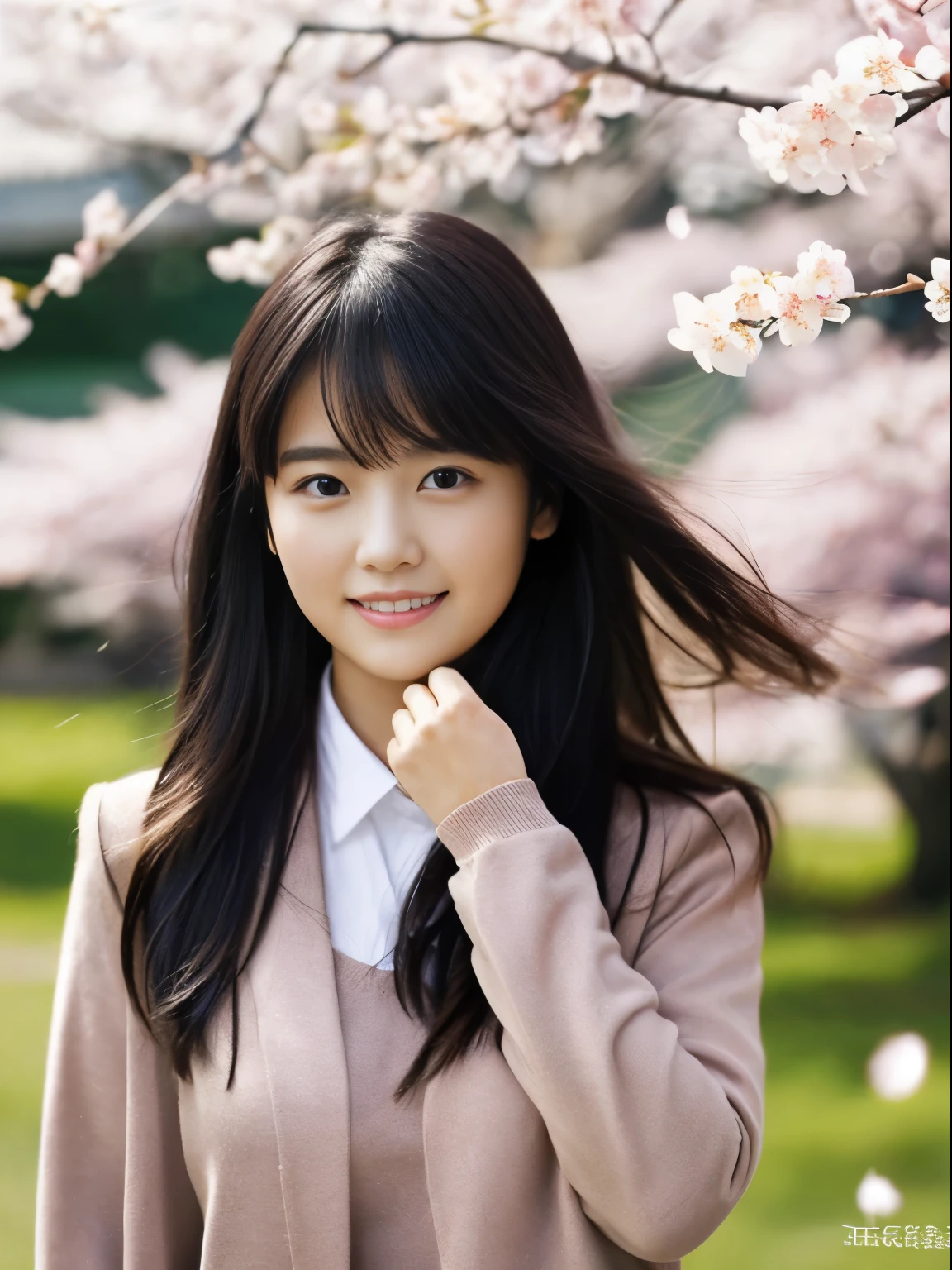 (Dressed in winter uniform、Close up portrait of one girl with slender small breasts and long hair dull bangs:1.5)、(One girl has a small smile、hair fluttering in the wind :1.5)、(Rows of cherry blossom trees in full bloom and cherry blossom petals dancing in the wind:1.5)、(perfect anatomy:1.3)、(no mask:1.3)、(full finger:1.3)、realistic、photograph、table top、highest quality、High resolution, delicate and beautiful、perfect face、beautiful and fine eyes、Fair skin、real human skin、pores、((thin legs))、(black hair)
