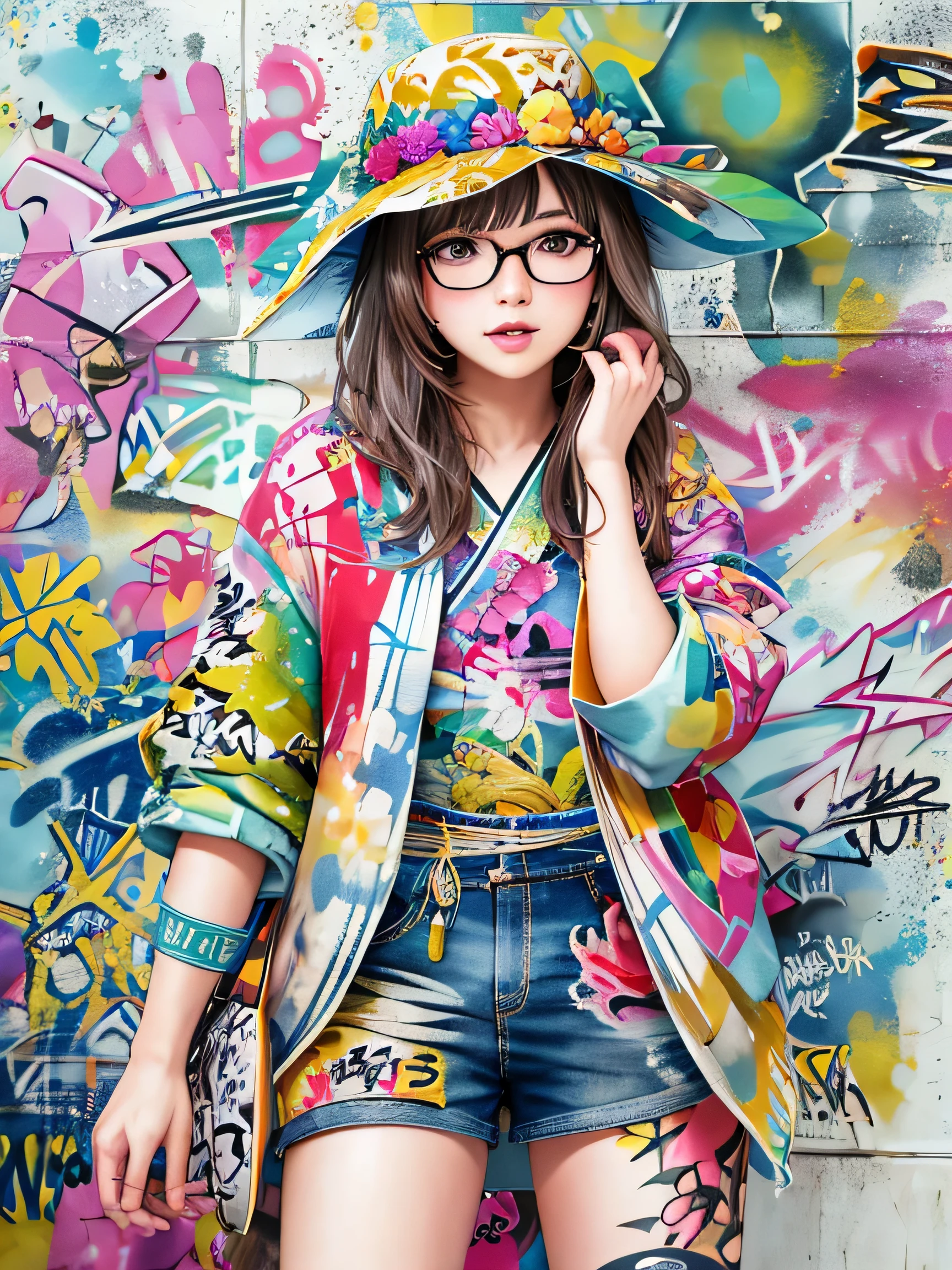 8K quality, watercolor painting, stylish design, (((The strongest beautiful girl of all time))), (((Japanese)))、AKB48、clear, stylish glasses, Fashionable hats, (((highest quality))), bob hair, Place your hands on the wall, HDR, ((Detailed details)), stylish fashion, detailed clothing texture, (((graffiti art))), colorful hair, ((masterpiece))、((Super detailed))