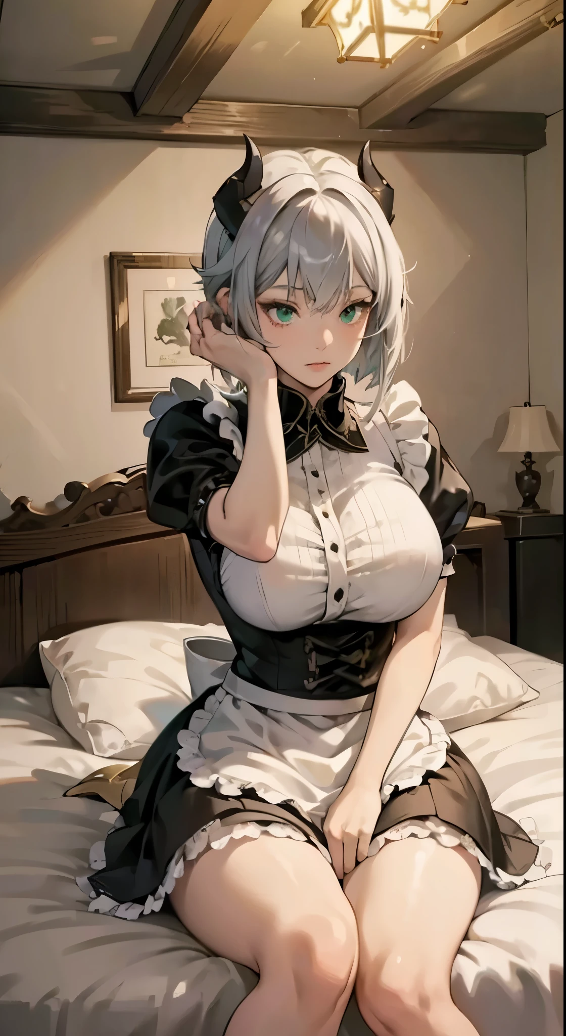 masterpiece, Best quality, lamplight, 1 plump girl, Noelle Genshin Impact, silver bob short hair, horns on head, Green-eyed, Red edge maid skirt, Maid Knight, Maid Knight Armor, Castle Bridge, Eau,Colossal tits, ((perfect figure))