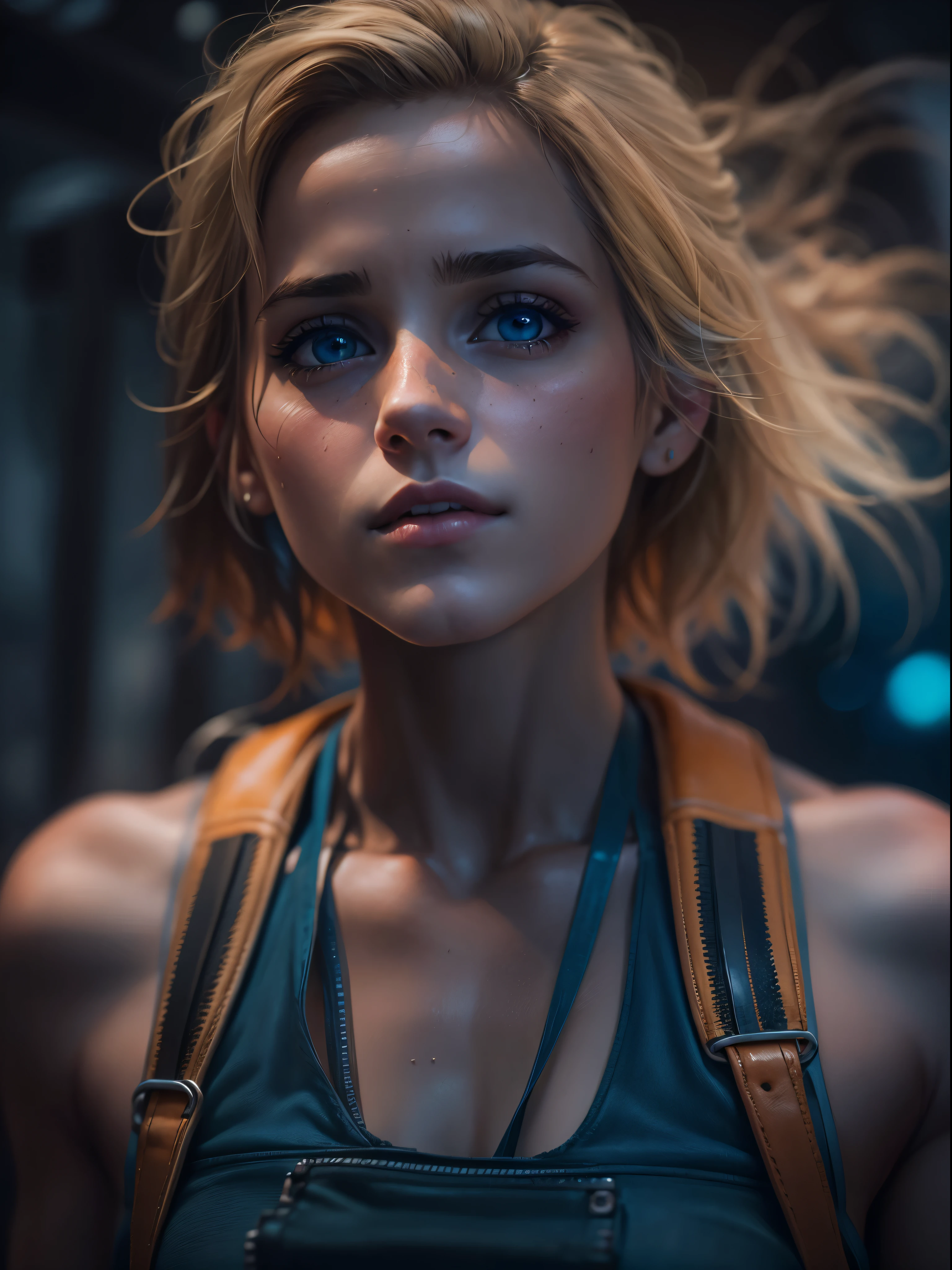 Emma Watson does it ,blonde. Shining blue eyes that speak of innocence and acceptance. Slender frame and beautiful figure. Tight leather shorts. crop top. Outside the spacecraft. Muscles exposed through torn clothes. SF. from the back. Please think back.RAWphotograph, Shapuri, by lee jeffries nikon d850 film stock photograph graph 4 kodak portra 400 camera f1.6 lens rich colors hyper realistic lifelike texture dramatic lighting unrealengine trending on artstation cinestill 800,photographrealistic, photograph, masterpiece, realistic, realism, photographrealism, high contrast, photographrealistic digital art trending on Artstation 8k HD high definition,