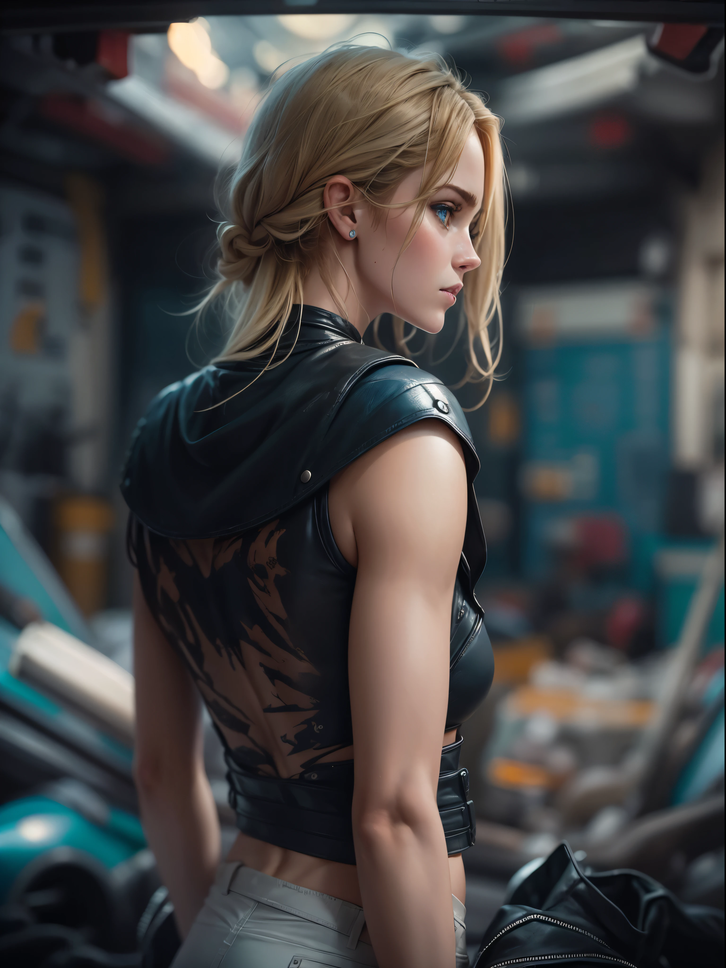 emma watson does it ,blonde. Shining blue eyes that speak of innocence and acceptance. Slender frame and beautiful figure. Tight leather shorts. crop top. Outside the spacecraft. Muscles exposed through torn clothes. SF. from the back. please reconsider.RAW photo, Shapuri, by lee jeffries nikon d850 film stock photo graph 4 kodak portra 400 camera f1.6 lens rich colors hyper 現実的な lifelike texture dramatic lighting unrealengine trending on artstation cinestill 800,