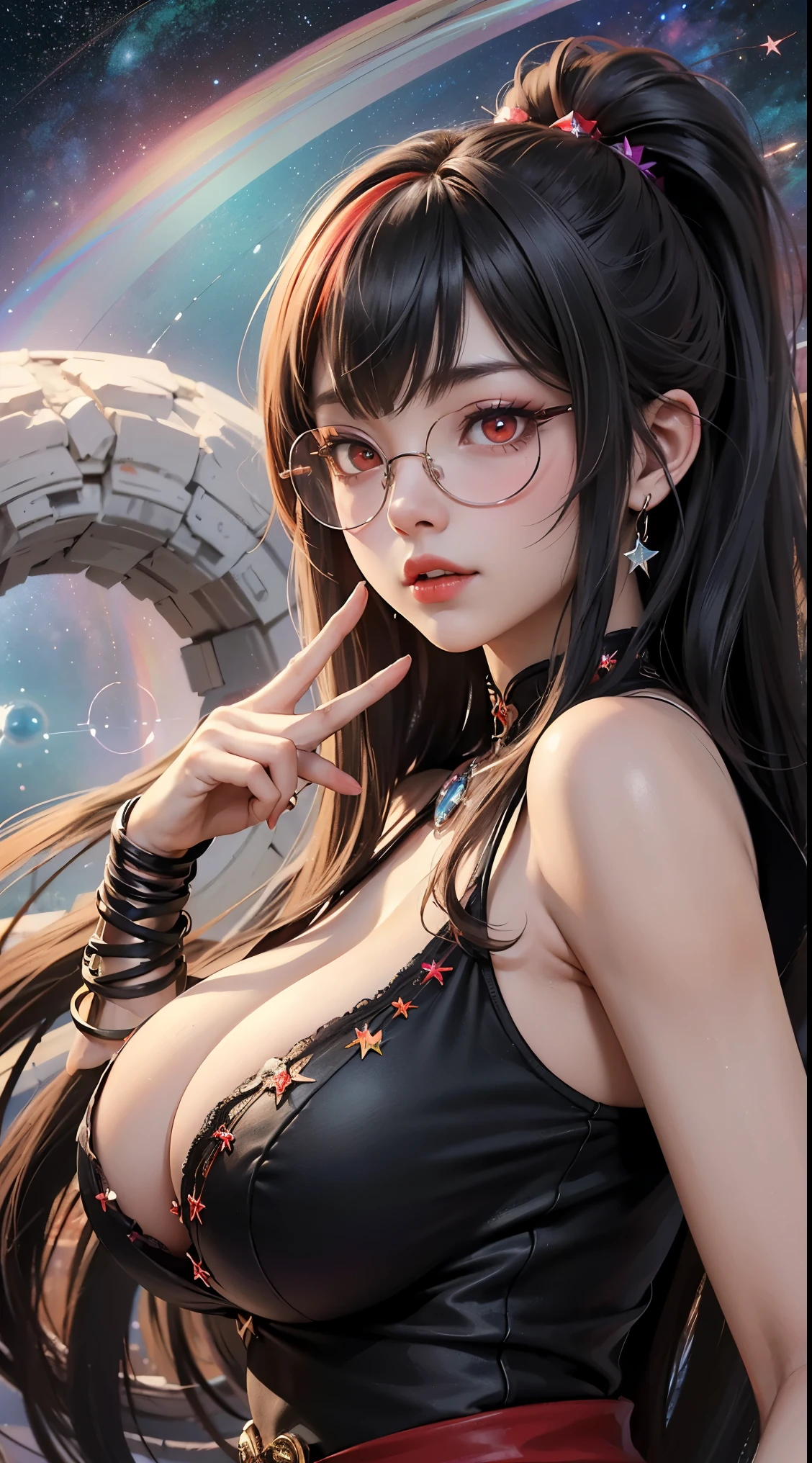 1名 27歳 woman, Understood、(best illustrations)、8k UHD resolution、intricate details、最high quality、realistic、Super detailed、best lighting、best shadow、soft lighting、ultra hd、dungeon and Dragon、cave、dungeon、 necromancer、night、dark style、Succubus、devil'Daughter of、bat wings,(((デーモンホーンラック縁round glasses))))、(((big breasts)))、(devil'tail)、(red eyes shine:1.6)、masterpiece、beautiful features、Tyndall effect、realisticphotograph、(high detail skin:1.2)、8KUHD、Digital single-lens reflex camera、high quality、photograph、High resolution、 absurd、Ponytail distortion、Optimal ratio of 4 fingers and 1 thumb、1 girl、hair ornaments、真っ赤に輝くgemのネックレス、gem、beautiful expression、body up、big breasts emphasis、tight waist、wide ass、Tyndall effect、Photoreal、(high detail skin:1.2)、dark and mysterious version, lipstick red lips, thin and beautiful lips, Don'Don'don't laugh, please keep your mouth shut, Characters created by Karol Baku and Pino Denis, intricate details, detailed background, very detailed, magic of light, woman, cute face, ((((giant glasses, otaku glasses, thick glasses, round glasses))))、 looking at the Upper body of the goddess , round chest, big and round chest, phoenix hair brooch, long hair with bangs, (Long hair has seven colors like a rainbow:1.9), Beautifully detailed face and well-proportioned eyes, (crystal clear red eyes: 1.8), Big round eyes and very beautiful and detailed makeup, Visionary, long silk nightgowns, mysterious makeup, ブresponseレット, I dyed the side bangs light yellow..., Upper body, (goddess Upper body: 1.8), hanging arms, リアルで鮮やかなphotograph, (stars that make up : 1.7), ( Space-time portal of sky and imagination: 1.8), fiction art, RAWphotograph,黒い着物のphotograph, 最高のphotograph , expensive_response, 最high quality, 最高のphotograph, 8K quality, 8K Ultra , surrealism, 最も経済的な本物のphotograph, Artistic portrait of 12 signs, Symbol of one of the 12 signs on the reverse side, 12 A Portrait of a Goddess, 最もrealistic配色, 最高のphotograph color, masterpiece, hair ornaments, ネックresponse, jewelry, beautiful face, Upper body, Tyndall effect, photographのようにリアルな, Dark studio, border light, two tone light, (fine skin) expensive: 1.2), 8k UHD, Digital single-lens reflex camera, soft light, expensive quality, volume light, Frank, photograph, expensive responseolution, 4K quality, 8k, Bokeh, smooth and sharp, 10x more pixels, Charming goddess, sexy goddess, (background space: 1.8), (milky way: 1.7), aurora, lightning, (auroraの背景: 1.8) <roller:crazy_perfect eyes_v1_from_v1_, beautiful goddess and flowers,