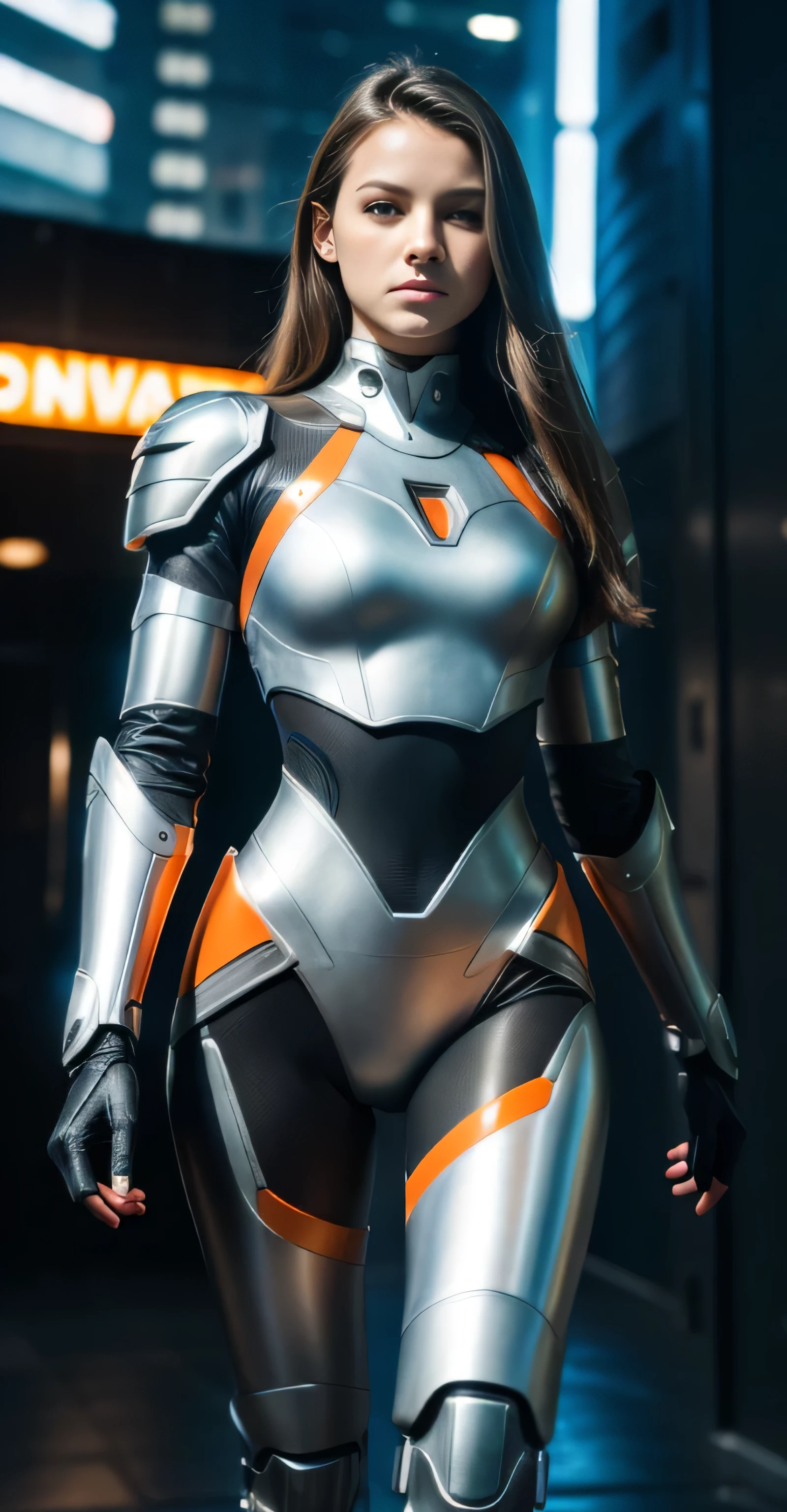 ((masterpiece, 8K, 3D, Realistic, Super Detail)), (1girl:1.3), slender 17 age, Ultra Micro photography, Super realistic, Perfect face, Beautiful features, ((Perfect female body)) Beautiful features, ( body), ((small hip)), Melissa Benoist as (((2 piece Bikini Armor))), Sci-fi futuristic cyberpunk ((bionic orange chest metal armor suit)), Futuristic soldier, ((Exposed thigh)), Exposed Skin, Front Full body Shot, full body portrait, futuristic city background