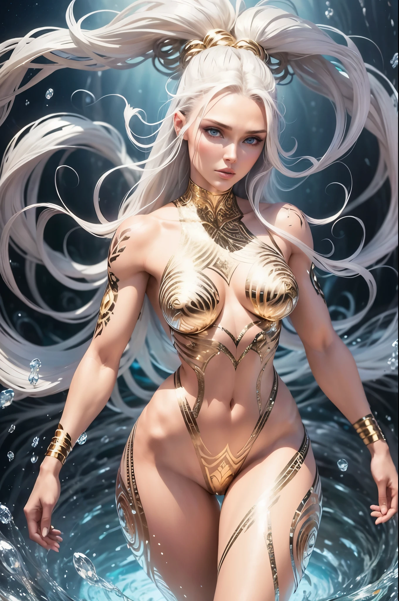 Completely female humanoid，With Nicky Whelan&#39;s face，Standing in a sea of silver particles, Her hair is golden. Her body is decorated with intricate golden spirals and kundalini energy that glows from within.