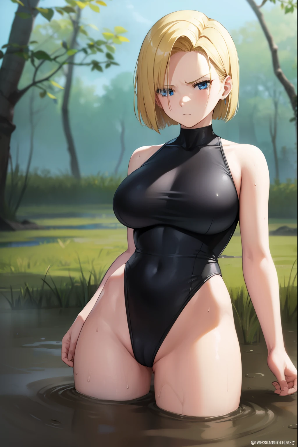 highest quality, High resolution,A man with an automatic rifle around,AND18, 1 girl, android 18, alone, golden hair, blue eyes, short hair,earrings,big breasts, frown,troubled face, panic,Sweat,1 girl, black leotard, black high leg cut,( drown in the swamp:1.2),