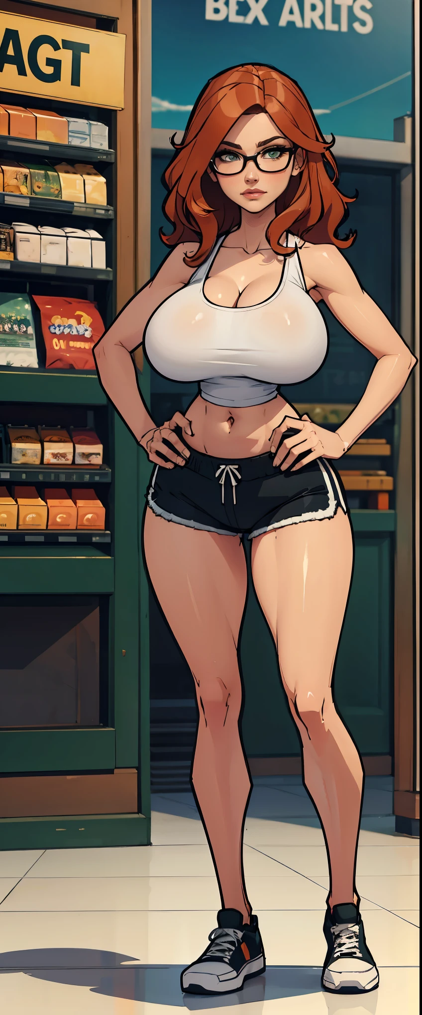 1 woman, wavy orange hair, green eyes , sly face , glasses , white tank top , black shorts , abdomen, big breasts , Long legs , stand on your hips... , canvas shoes , convenience store