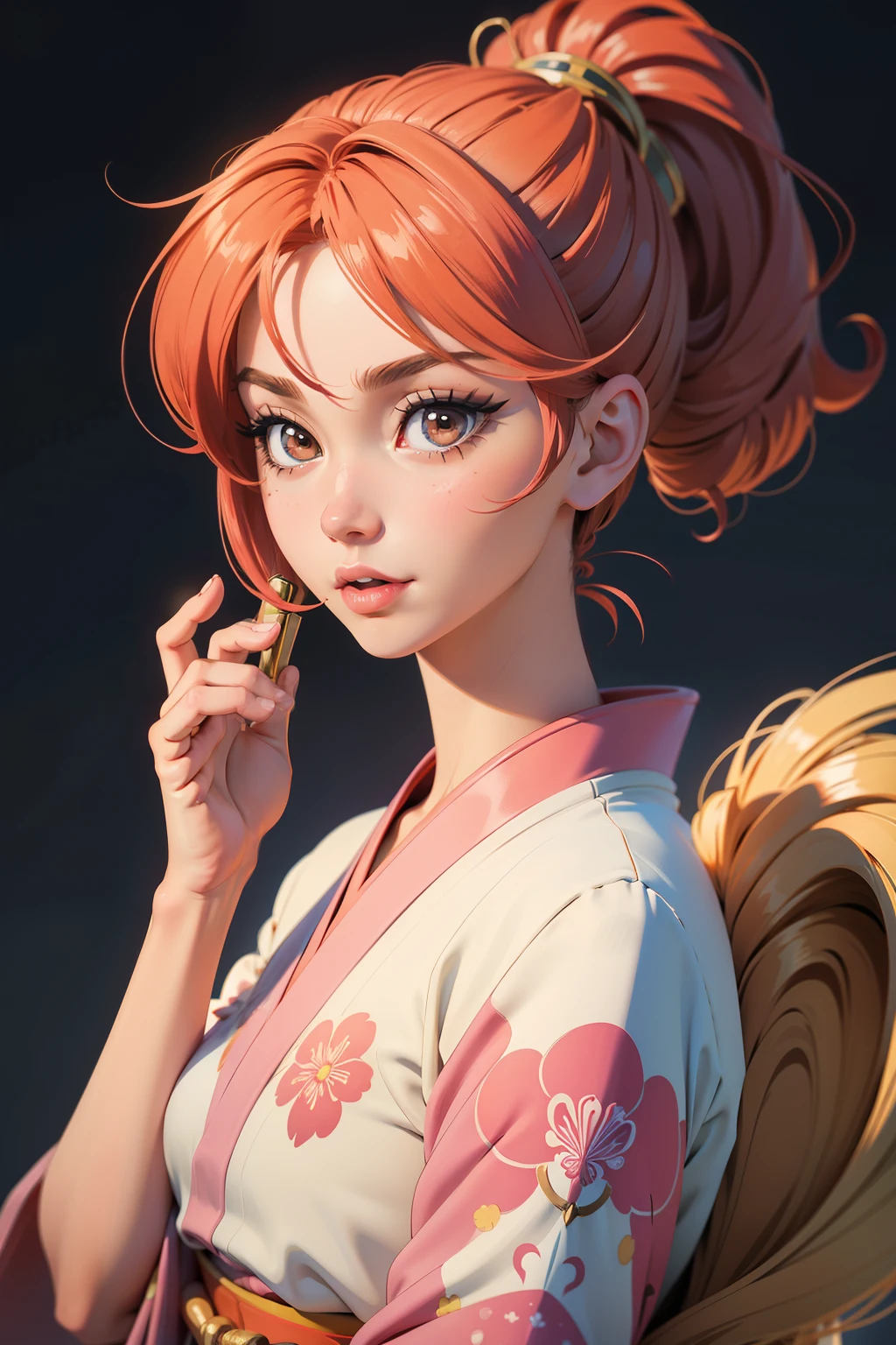 ((Masterpiece)),(illustration),best quality,delicate details,Exquisite rendering,anime style,((Guido Daniele)),cartoon,((Japan anime style)),((my style)),(((Toon style))),Close-up view,1 girl,kimono,((alone)),Beautiful face,Real skin texture,Well proportioned hands,stand,eyeliner,eyelash,lipstick,eyelid,put on makeup,nail polish,hair on one eye,smooth ponytail,Half update,Happy New Year,look away,