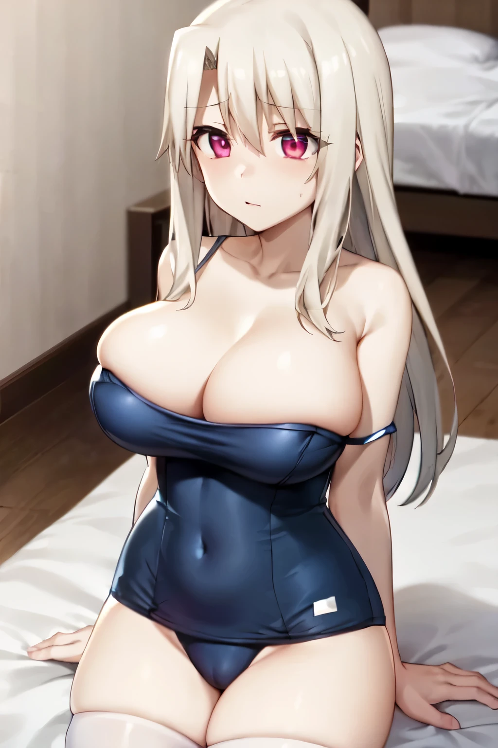 one-piece swimsuit, aaillya,long_hair,blonde_hair,red_eyes,hair_between_eyes,bangs,white_hair, 1girl, solo, 9 years old, from above, short stature, Short arms, Short legs, perfect anatomy, (gigantic breasts, huge tits:1.4), thighhighs, pussy line, looking up, shy, bashful, bed, absurdres, anime colored, official art, anime screencap, masterpiece, best quality,