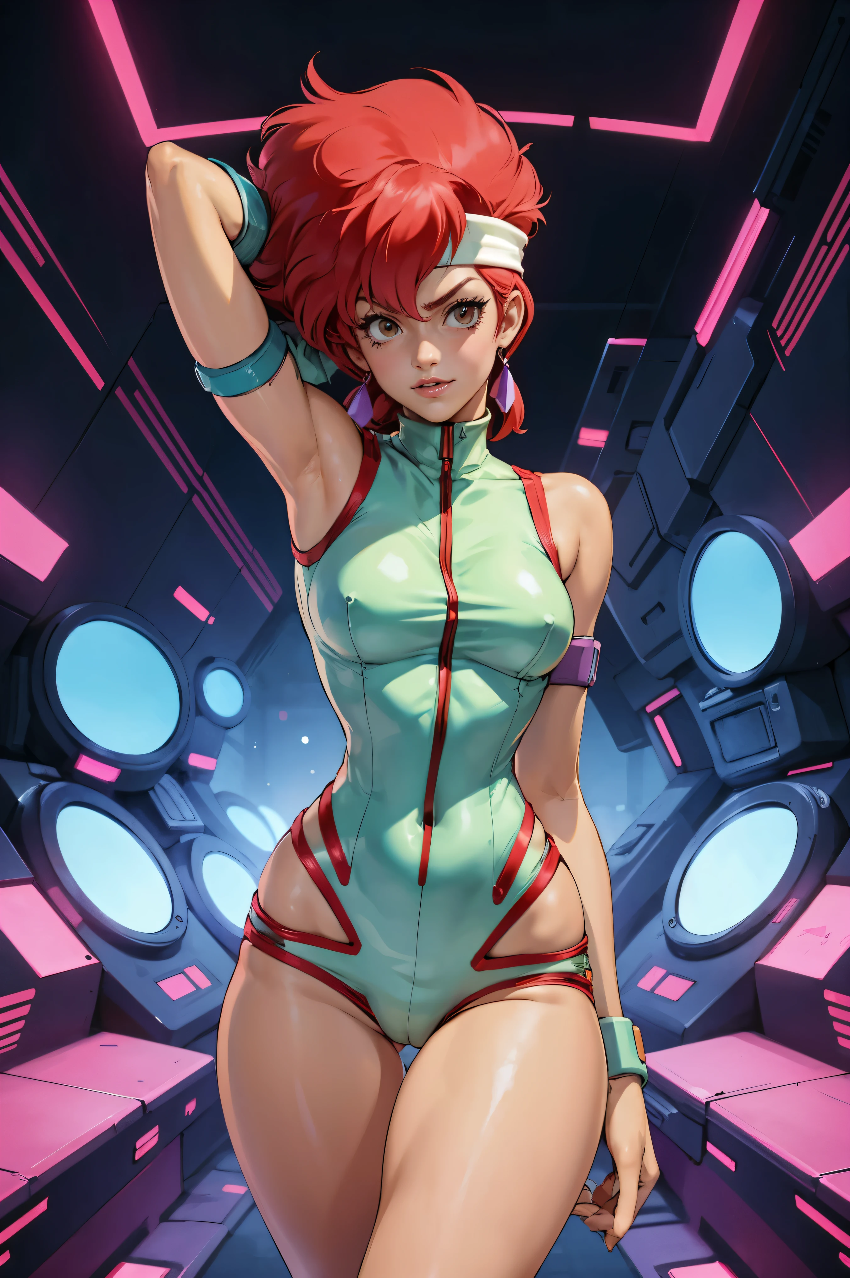 Kei from The Dirty Pair, , wearing a tight outfit, skimpy, legs, medium breast, red hair beauty, cyberpunk city background, holding retro space-gun, headband, slim waist, slim thighs, thigh gap