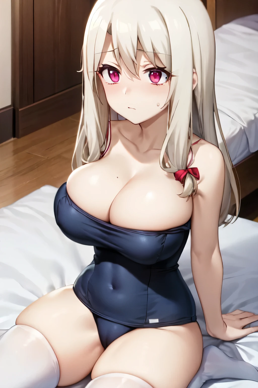 one-piece swimsuit, aaillya,long_hair,blonde_hair,red_eyes,hair_between_eyes,bangs,white_hair, 1girl, solo, 9 , from above, short stature, Short arms, Short legs, perfect anatomy, (gigantic breasts, huge tits:1.4), thighhighs, pussy line, looking up, shy, bashful, bed, absurdres, anime colored, official art, anime screencap, masterpiece, best quality,