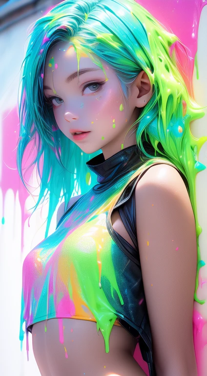 (Paint splashes)，colorful nipples，The color of the glow，lamplight，the girl，Look at the camera，Slime Gir，big round eyes, Cutes, sexy pose, nude body