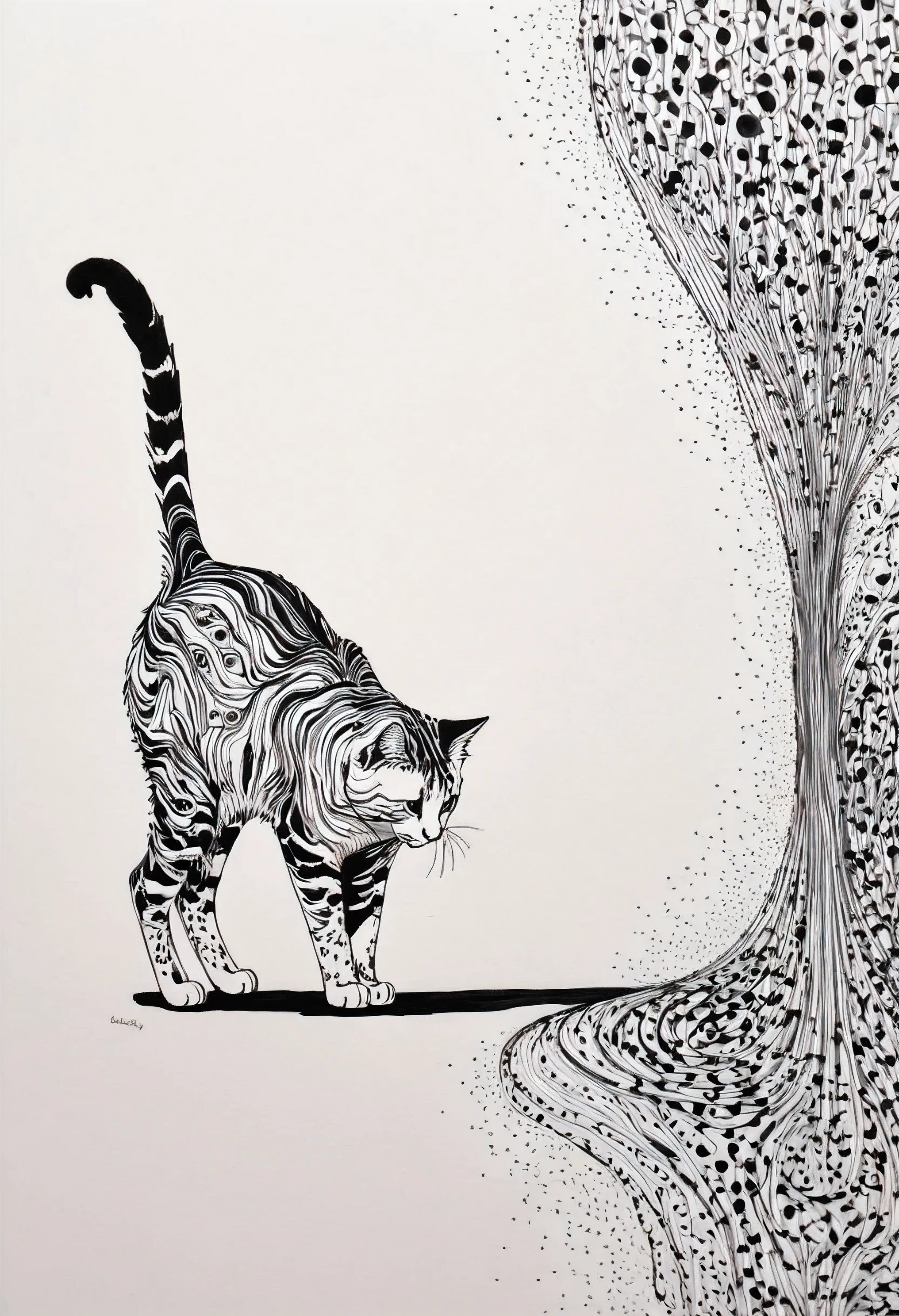 undulating lines, Thick and thin lines, (Animal stick figures), Line art, black and white painting,Cat,Line art,lyrical abstraction, Fountain Pen Art,Gel Pen,crayon art,