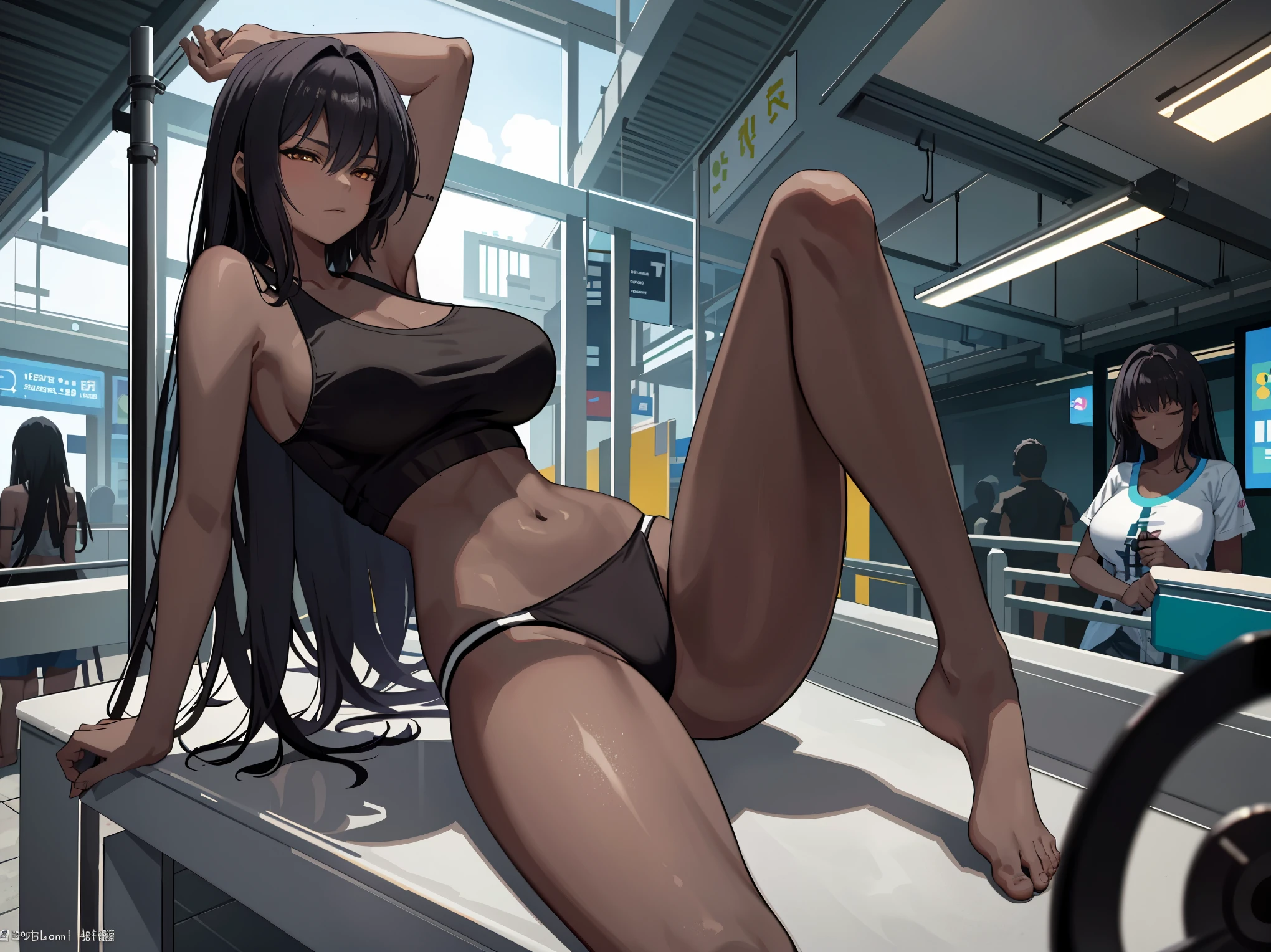 Masterpiece, best quality, high resolution, 1 woman, black skin , black hair , Close your eyes... , black tank top , underwear , abdomen , big breasts, Long legs , Barefoot , stretch , sit , open your legs. , train station , subway