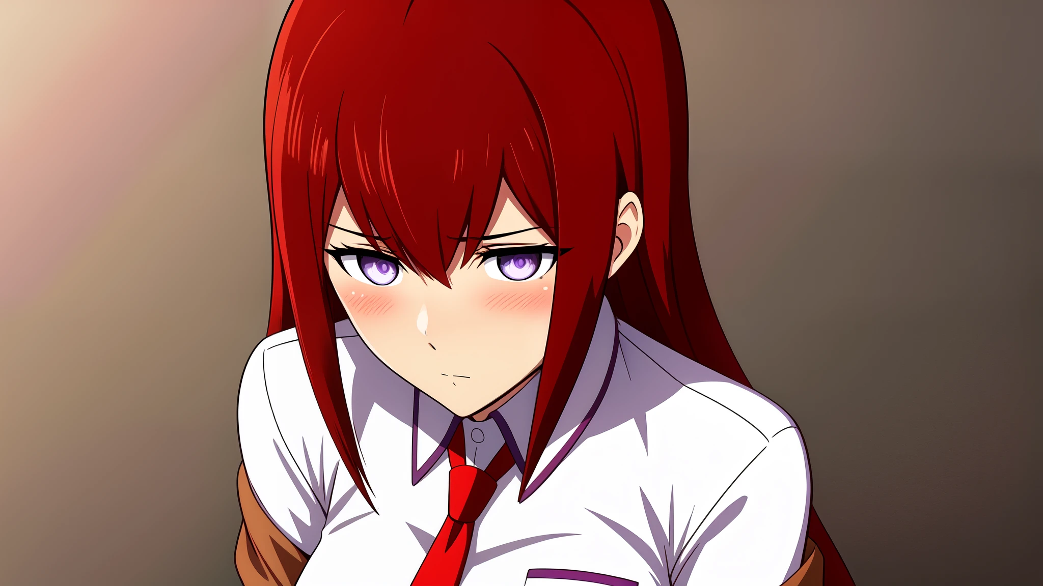 ((masterpiece,best quality,ultra detailed,8k)),brown_hair,collared_shirt,jacket,long_sleeves,makise_kurisu,standing,red_necktie,solo,1girl,white_shirt,perfect face,red_hair,purple_eyes,((blush)),upper body,(close_mouth)