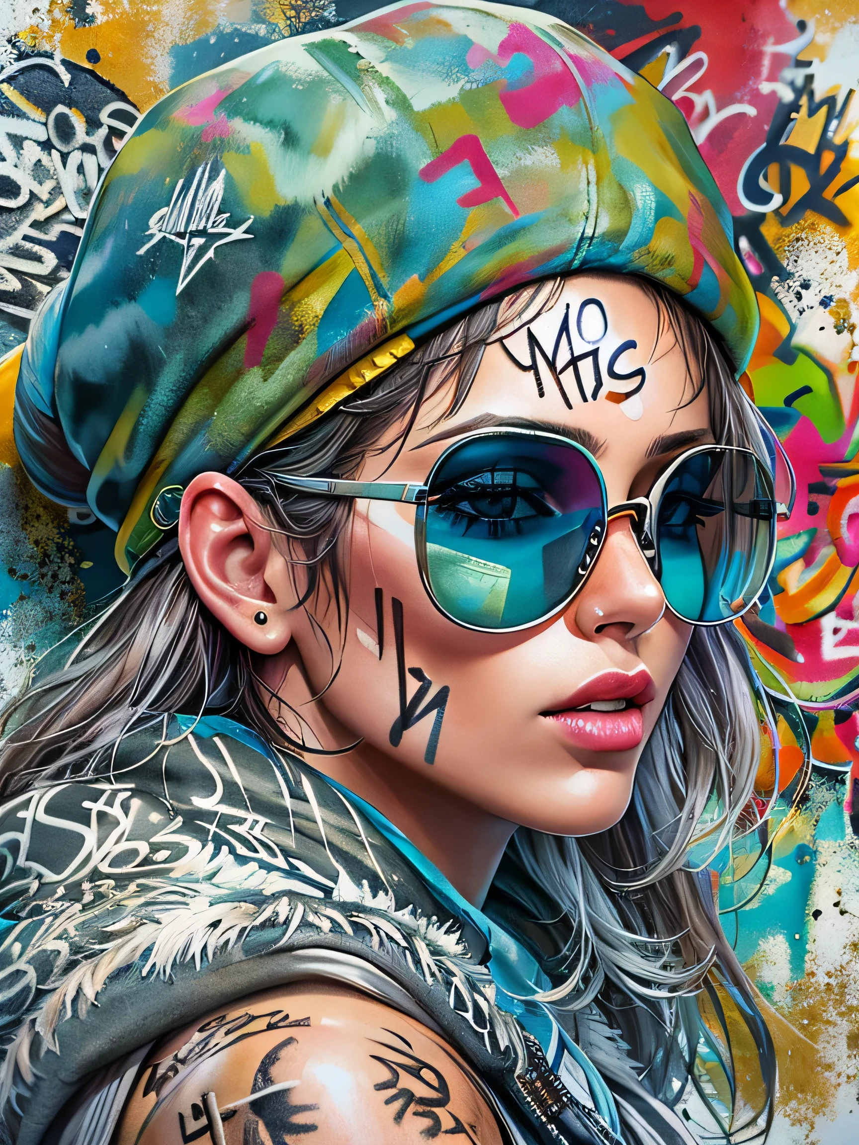 8K quality, watercolor painting, stylish design, (((The strongest beautiful girl of all time))), gal, Stylish sunglasses, Fashionable hats, (((highest quality))), bob hair, put your hand on the wall, HDR, Detailed details, skull fashion, detailed clothing texture, (((graffiti art))), colorful hair, ((masterpiece))、((Super detailed))