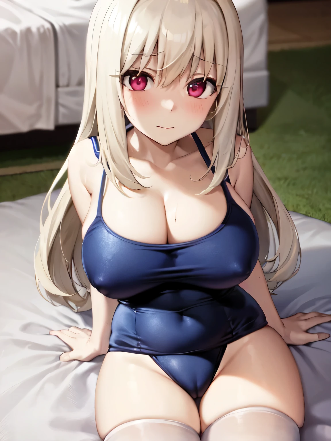 one-piece swimsuit, aaillya,long_hair,blonde_hair,red_eyes,hair_between_eyes,bangs,white_hair, 1girl, solo, 9 , from above, short stature, Short arms, Short legs, perfect anatomy, (huge tits:1.4), thighhighs, pussy line, looking up, shy, bashful, bed, absurdres, anime colored, official art, anime screencap, masterpiece, best quality,