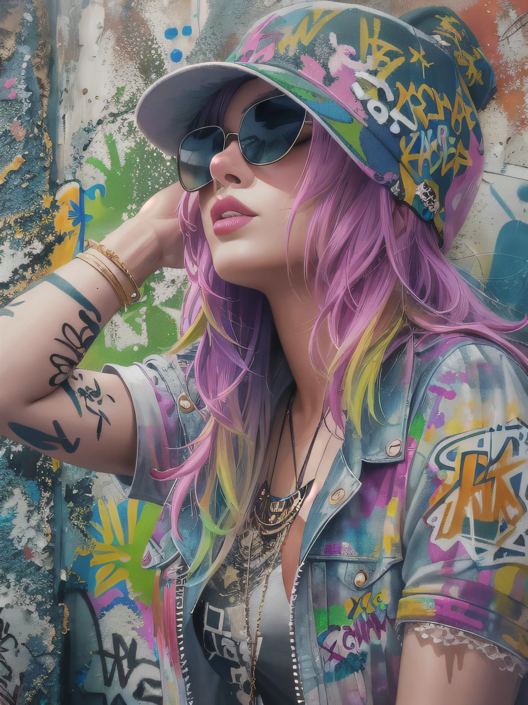 8K quality, watercolor painting, stylish figure, (((The strongest beautiful girl of all time))), gal, Stylish sunglasses, Fashionable hats, (((highest quality))), bob hair, put your hand on the wall, HDR, Detailed details, skull fashion, detailed clothing texture, (((graffiti art))), colorful hair, ((masterpiece))、((Super detailed))
