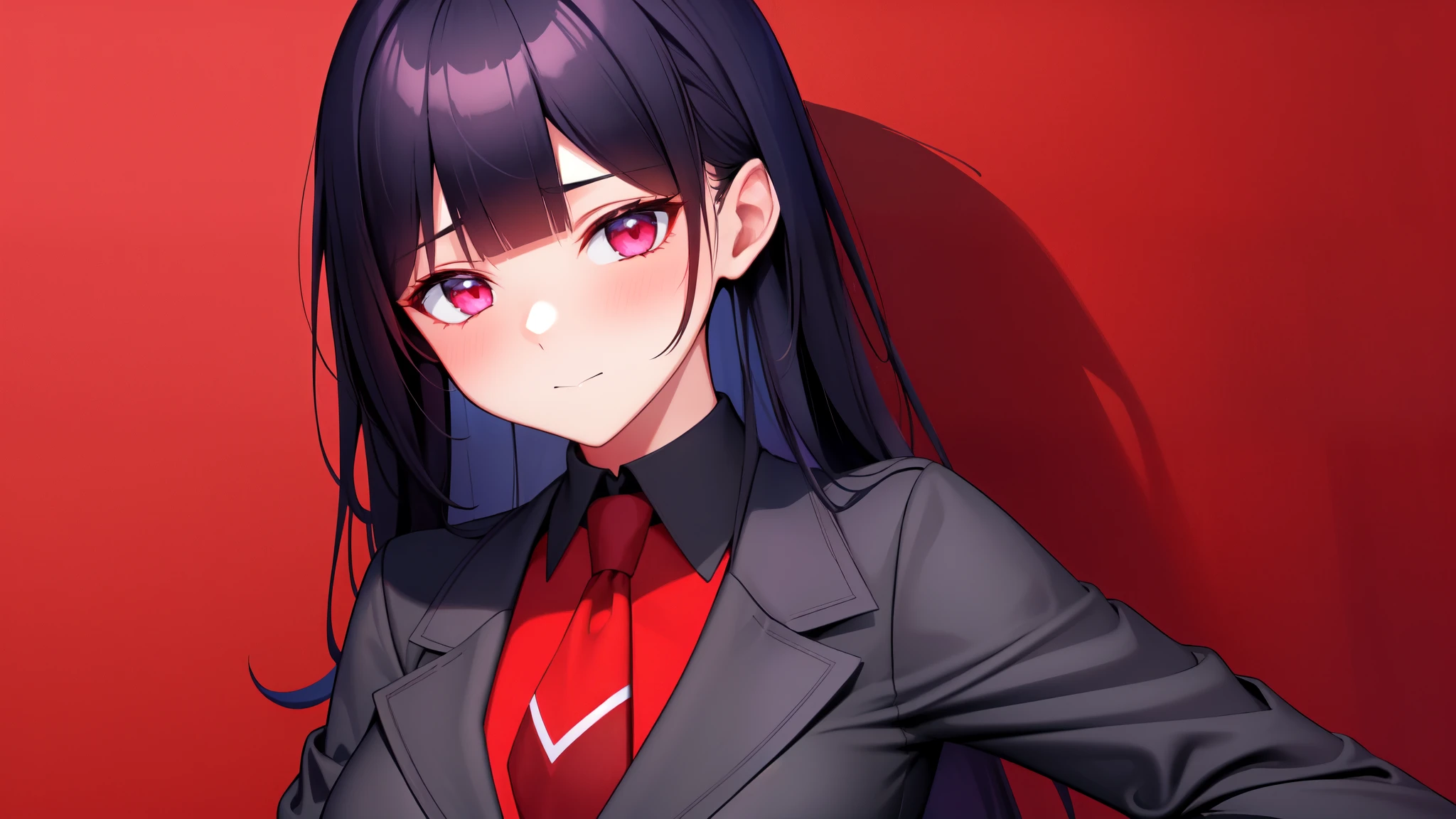 ((masterpiece,best quality,ultra detailed,8k)),black_hair,collared_shirt,jacket,long_sleeves,makise_kurisu,standing,red_necktie,solo,1girl,white_shirt,perfect face,red_hair,purple_eyes,((blush)),upper body,(close_mouth)
