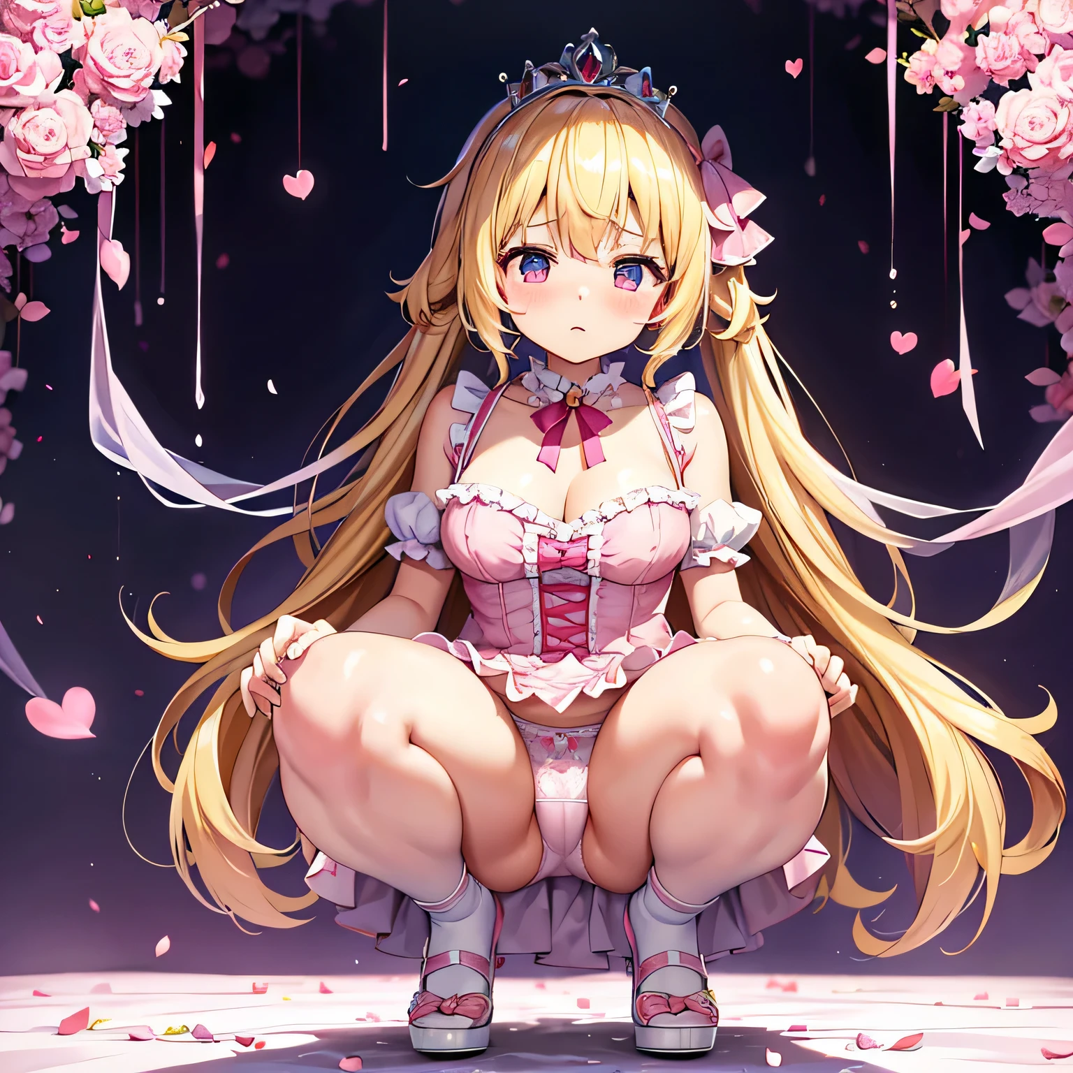 pink dress、frills、ribbon、puffy short sleeves、little princess pichi、blonde,huge breasts,young girl,small 、squat with legs apart、lace fancy panties、lace underwear,Please open the white  on your thighs.、Drip a large amount of love juice、blush、embarrassed look、colorful costumes、large amount of liquid leaky panties get wet、Panties are transparent、tiara