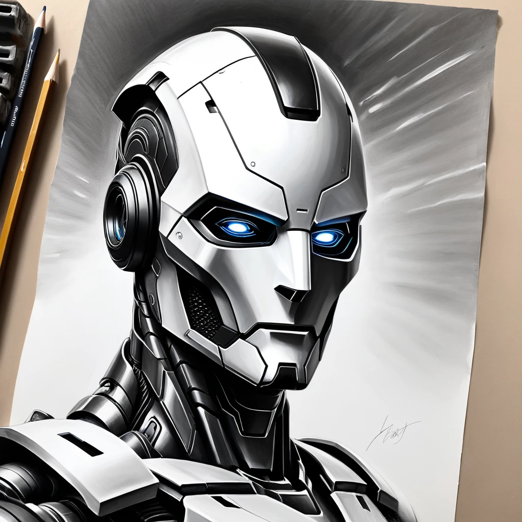 ,(character sketch:1.1),(charcoal drawing:1.2),Sketch,(pencil drawing:1.3),Charcoal painting style,Black metal and white,character sketch, high resolution, 1man, Solo, (Detailed face), kda,bioluminic, Black metal and white galactic cybernetic mask, (abstracted, Make a sketch of a robot with high technology:1.5), Part description, SH4G0D,