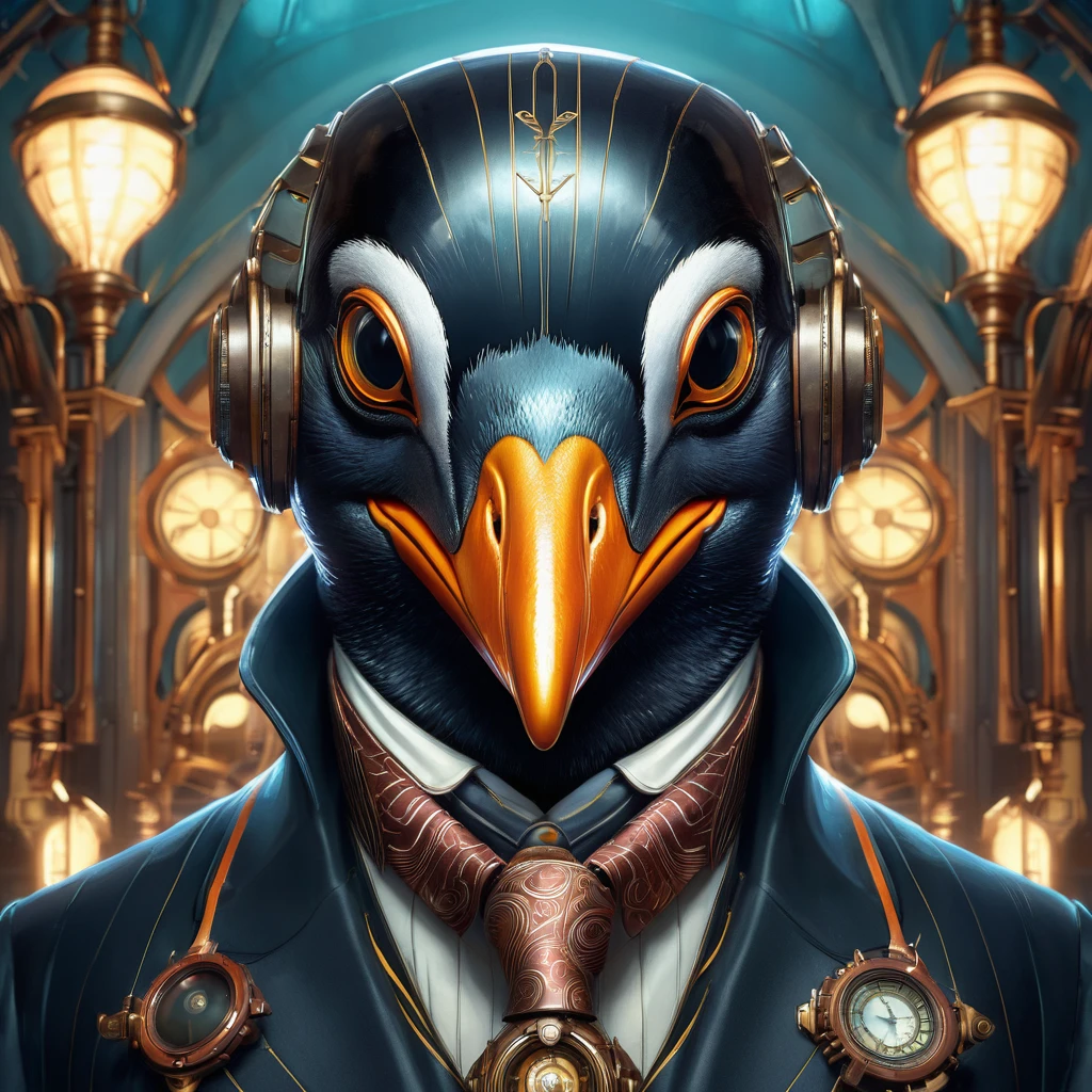 Symmetry, aesthetic, extremely detailed, symmetrical, Symmetry portrait of penguin from bioshock, vintage, sci-fi, tech wear, glowing lights intricate, elegant, highly detailed, digital painting, artstation, concept art, smooth, sharp focus, illustration, art by artgerm and greg rutkowski and alphonse mucha