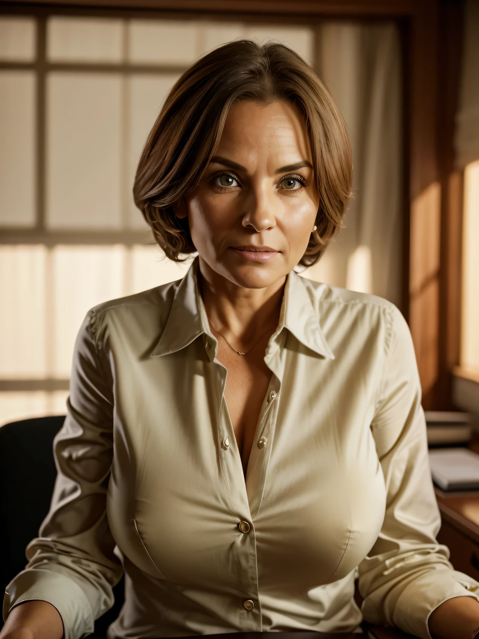 5 ans,(Une MILF:1.2), un regard captivant, yeux verts, (beaucoup de rides sur son visage:1.4), Sosie de la vieille femme Carla Gugino, Detailed wrinkles (8K, high resolution, ultra-quality, A quality of'image ultra élevée, Ultrarealistic, best quality:1.2) (gros seins en bonnet D:1.1), (Vieille Femme en Colombie), eyes visible through the hair, avec des cheveux poivre et sel, bobbed hair, bonne position des yeux, Cinematic light, Soft light, lombes, jour, detailed color background, Convoluted, Very detailed, 8K, Overall Silhouette, blazer d'entreprise chic, lors d'une séance photo professionnelle à un bureau, regardant droit vers la caméra