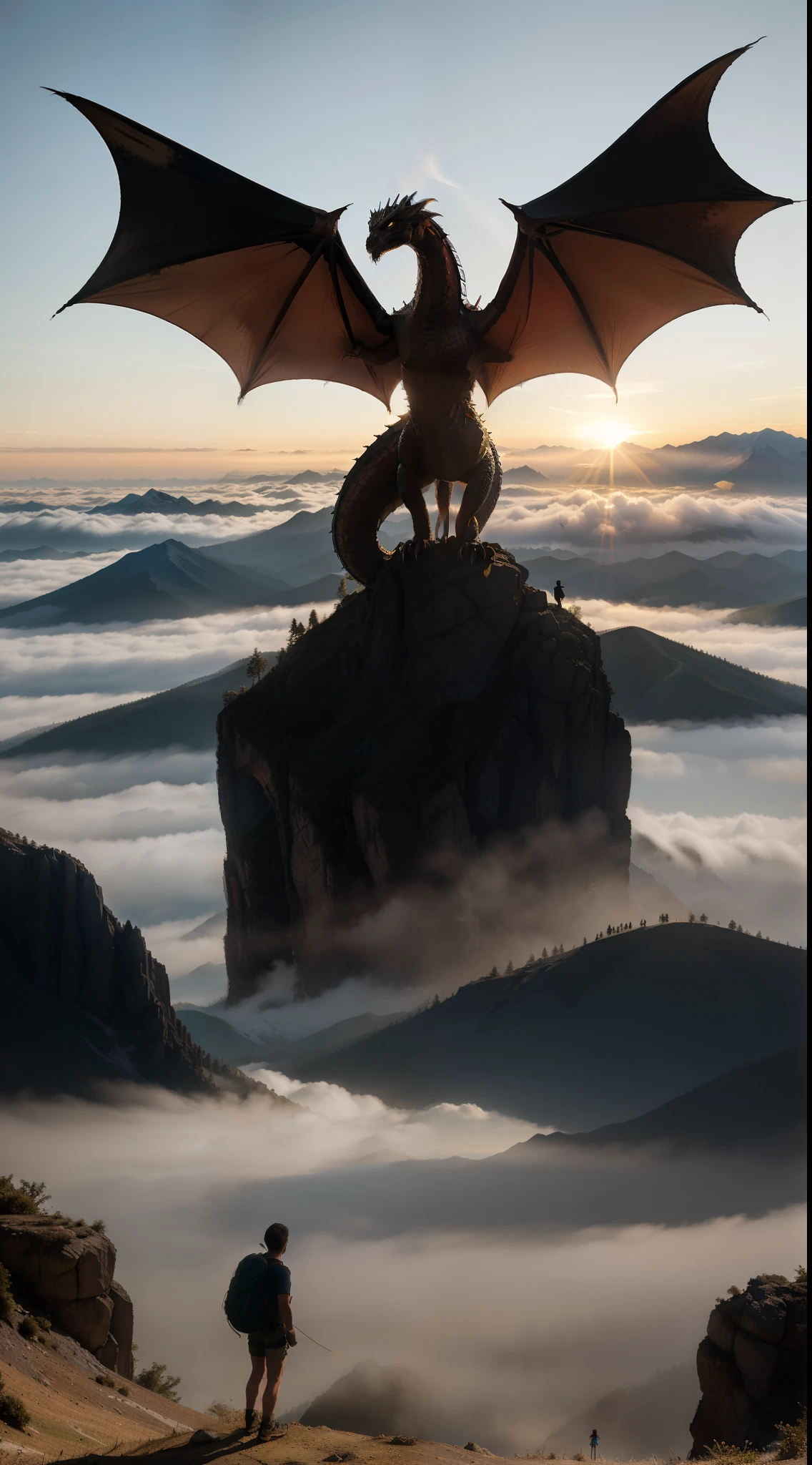 A silhouetted hiker standing atop a misty mountain peak, confronting a majestic dragon bathed in golden sunlight.