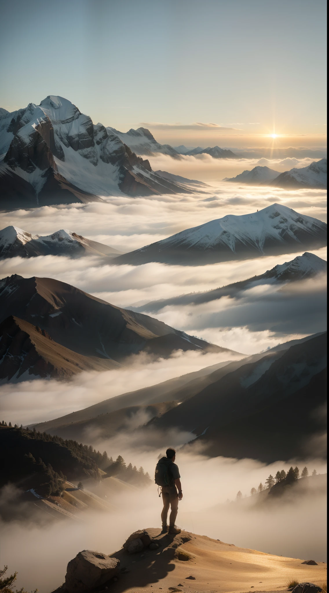 A silhouetted hiker standing atop a misty mountain peak, confronting a majestic dragon bathed in golden sunlight.