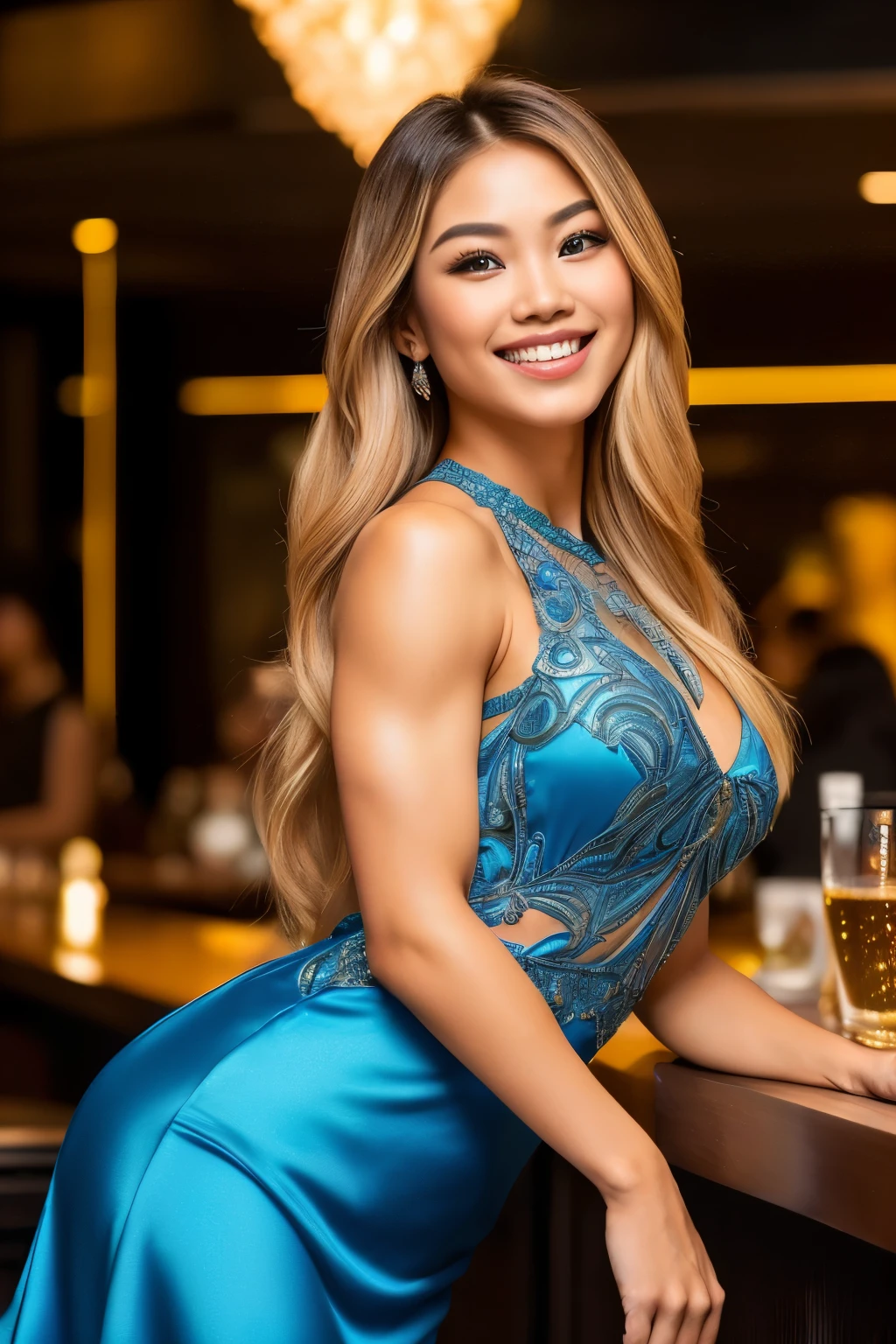 a young Thai woman with a bodybuilder physique, wearing a form-fitting blue dress that reveals her toned figure and high heels, grinning delightfully as she shares a laugh with her friend over a drink at a bustling nightclub, (8k resolution), (best quality image:1.1), (masterpiece:1.3), (realistic depiction:1.4), ultra-detailed, (strikingly beautiful almond-shaped eyes with long lashes and intricate detailing), (exquisitely detailed nose with a slight ambiguity adding to the lifelike quality), (very long golden blond hair cascading down her back), (see-through dress with strategic cut