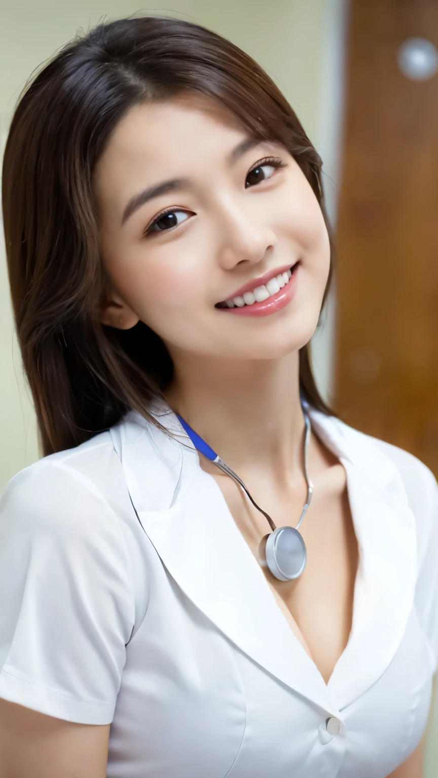 ((1 nurse,white nurse uniform、white nursing short cap,White,short white tight skirt,,smileで私を見てください,looking at camera,look at the camera,Treatment room in a hospital room, Take photos from up close to her)),very detailed顔、Put the stethoscope around your neck,double eyelid、White and clean teeth,brown eyes,chest strengthening,emphasize body line,smile at me lovingly、gentle expression、beautiful lips,Detailed depiction of the background of the hospital room,perfect lighting、Award-winning work,table top,Natural light,natural soft light)),((looking at camera,smile,white teeth,A big smile,カメラを見つめるA big smile),((High-definition RAW color photo, professional photos, very delicate and beautiful, very detailed,finely, huge file size,best image quality,8k,Photo taken with a single-lens reflex camera、very intricate details, 120K, ultra hd, masterpiece)),(big cleavage:1.3), close your chest、horse riding,lure, shot from below