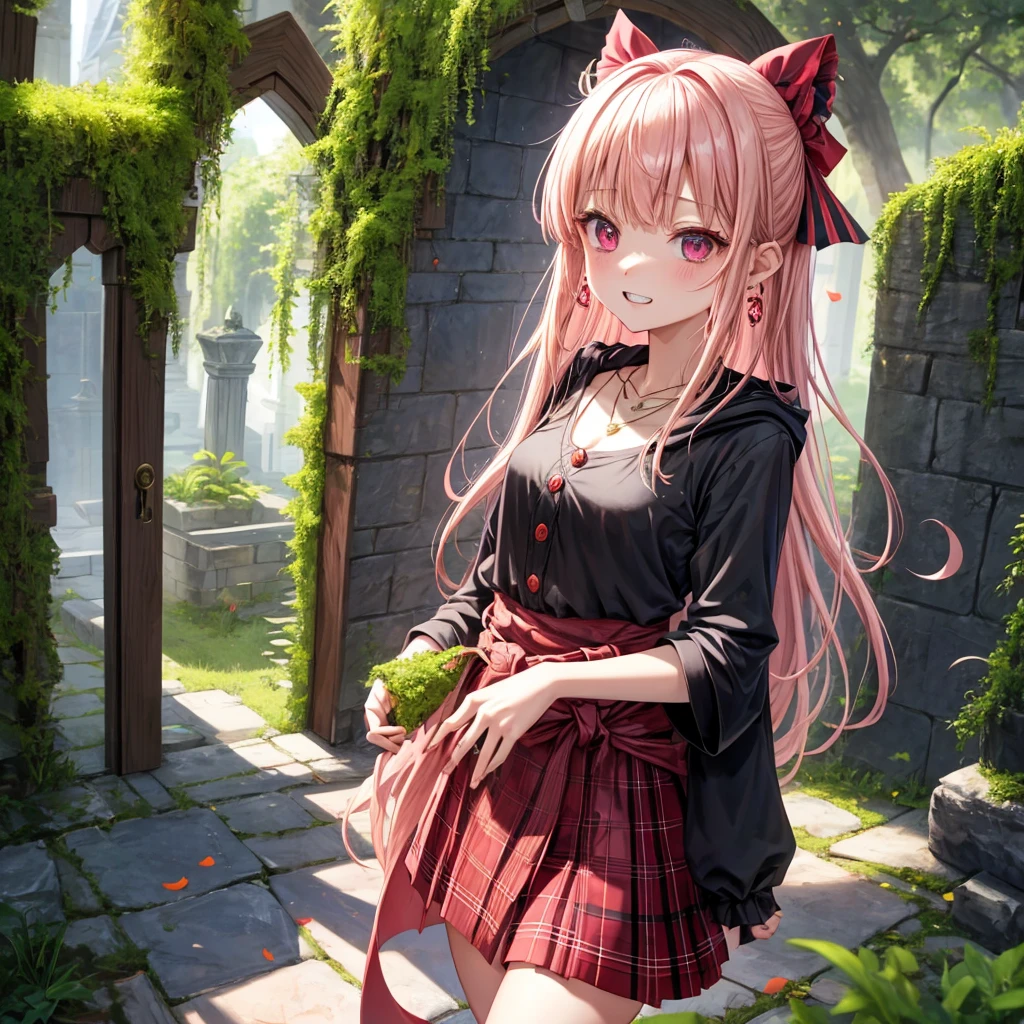 pink blonde、red eyes、one good looking girl、solo、anime、plaid mini skirt、the skirt has buttons、black camisole、black t-shirt、dress、wearing a ribbon、ribbon at waist、cloak、hood、stone slabs are piled up、crystal earrings、monster castle、jewelry necklace、Light and shadow、walking、tunnel、clock、Stuck in the wall、universe、fern plants、petal、tilting one&#39;s face、teeth are visible、Red carpet、door of the future、spiral stage、fire spirit、moss is growing、book of magic、Iron nuggets、Venus
