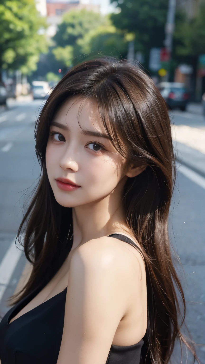 ((best quality, 8k, masterpiece :1.3)), whole body, sharp focus: 1.2, a girl,20 years old,perfect face shape,beautiful face shape,perfect body beauty: 1.4, Slim abs: 1.2, ((Dark brown hair, : 1.2)), low cut dress: 1.1, (street: 1.3), Highly detailed face and skin textures, exquisite eyes, double eyelids big breasts