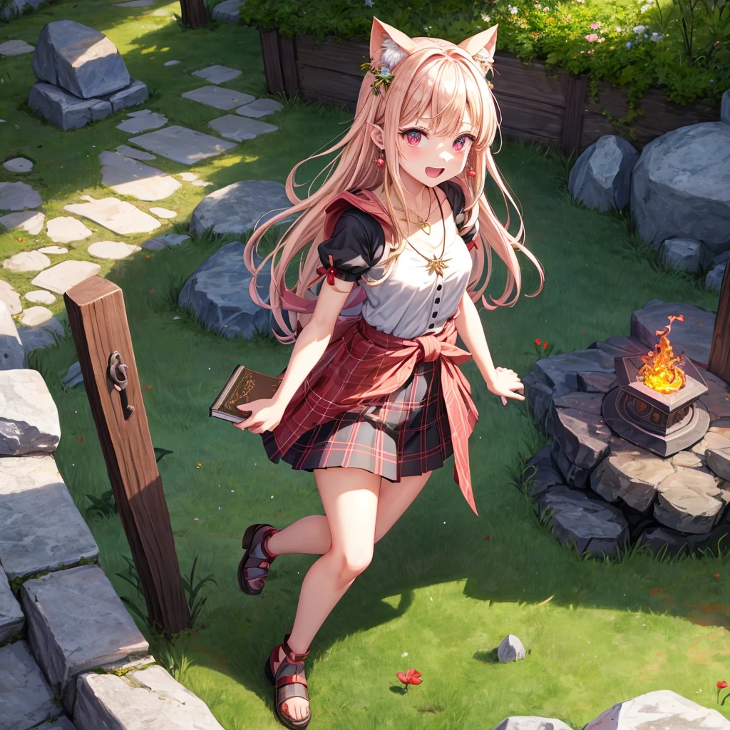 pink blonde、red eyes、one good looking girl、solo、anime、plaid mini skirt、the skirt has buttons、black camisole、black t-shirt、dress、wearing a ribbon、ribbon at waist、cloak、hood、stone slabs are piled up、crystal earrings、monster castle、jewelry necklace、Light and shadow、walking、tunnel、clock、Stuck in the wall、universe、vine plant、petal、tilting one's face、teeth are visible、Red carpet、door of the future、spiral stage、fire spirit、moss is growing、book of magic、Iron nuggets、Venus