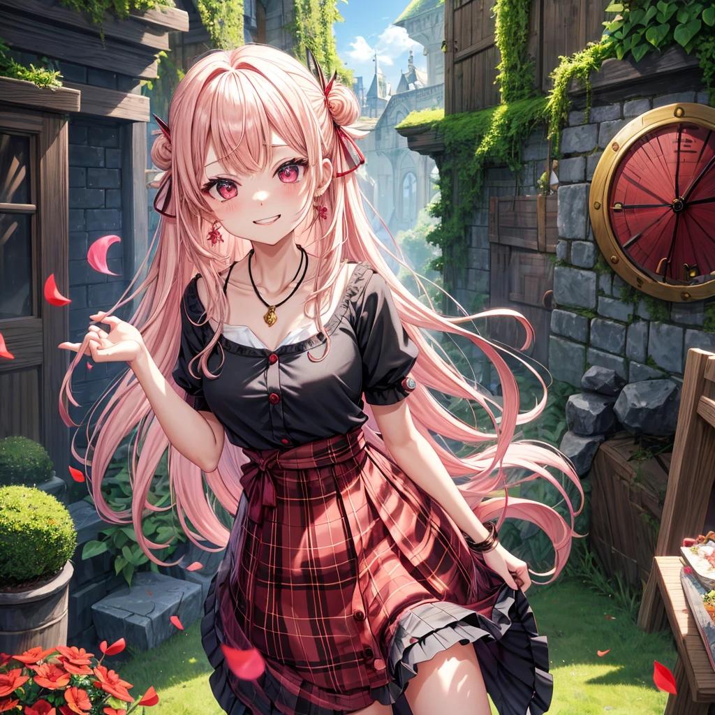 pink blonde、red eyes、one good looking girl、solo、anime、plaid mini skirt、the skirt has buttons、black camisole、black t-shirt、dress、wearing a ribbon、ribbon at waist、cloak、hood、stone slabs are piled up、crystal earrings、monster castle、jewelry necklace、Light and shadow、walking、tunnel、clock、Stuck in the wall、universe、vine plant、petal、tilting one's face、teeth are visible、Red carpet、door of the future、spiral stage、fire spirit、moss is growing、book of magic、Iron nuggets、Venus