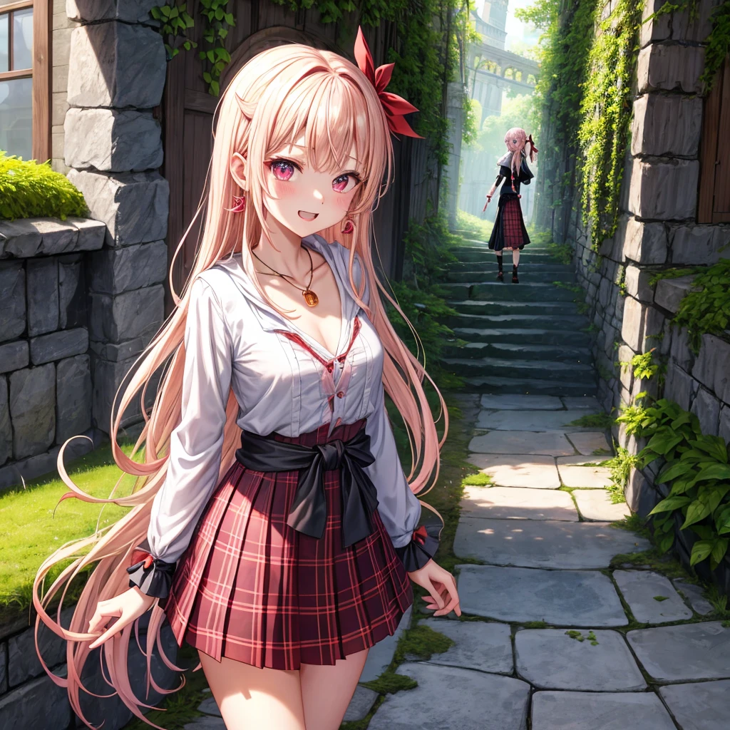 pink blonde、red eyes、one good looking girl、solo、anime、plaid mini skirt、the skirt has buttons、black camisole、black t-shirt、dress、wearing a ribbon、ribbon at waist、cloak、hood、stone slabs are piled up、crystal earrings、monster castle、jewelry necklace、Light and shadow、walking、tunnel、clock、Stuck in the wall、universe、vine plant、petal、tilting one's face、teeth are visible、Red carpet、door of the future、spiral stage、fire spirit、moss is growing、book of magic、Iron nuggets、Venus