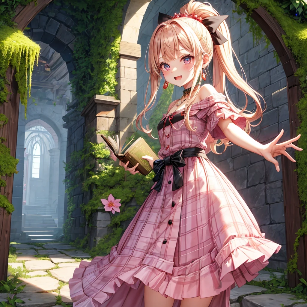 pink blonde、red eyes、one good looking girl、solo、anime、plaid mini skirt、the skirt has buttons、black camisole、black t-shirt、dress、wearing a ribbon、ribbon at waist、cloak、hood、stone slabs are piled up、crystal earrings、monster castle、jewelry necklace、Light and shadow、walking、tunnel、clock、Stuck in the wall、universe、vine plant、petal、tilting one's face、teeth are visible、Red carpet、door of the future、spiral stage、fire spirit、moss is growing、book of magic、Iron nuggets、Venus